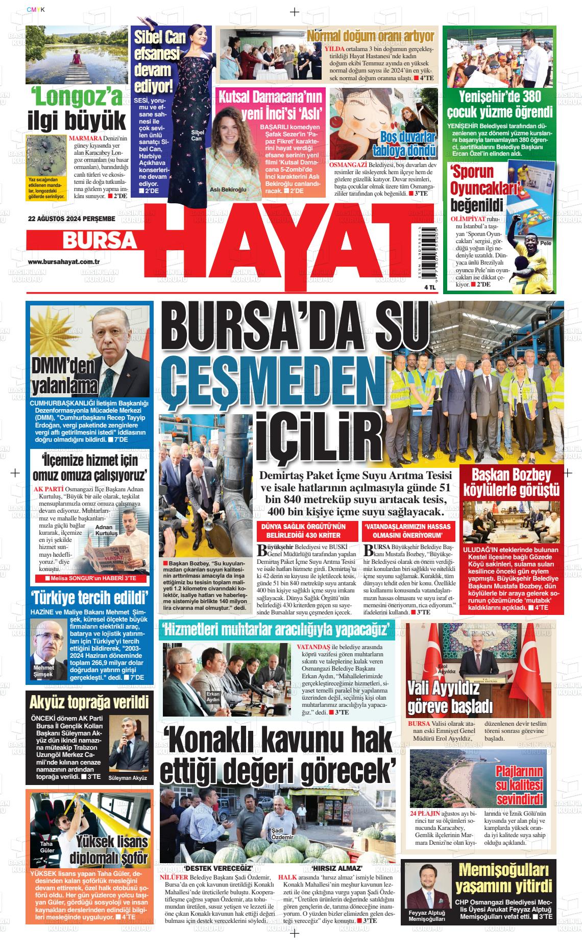 22 Ağustos 2024 Bursa Hayat Gazete Manşeti