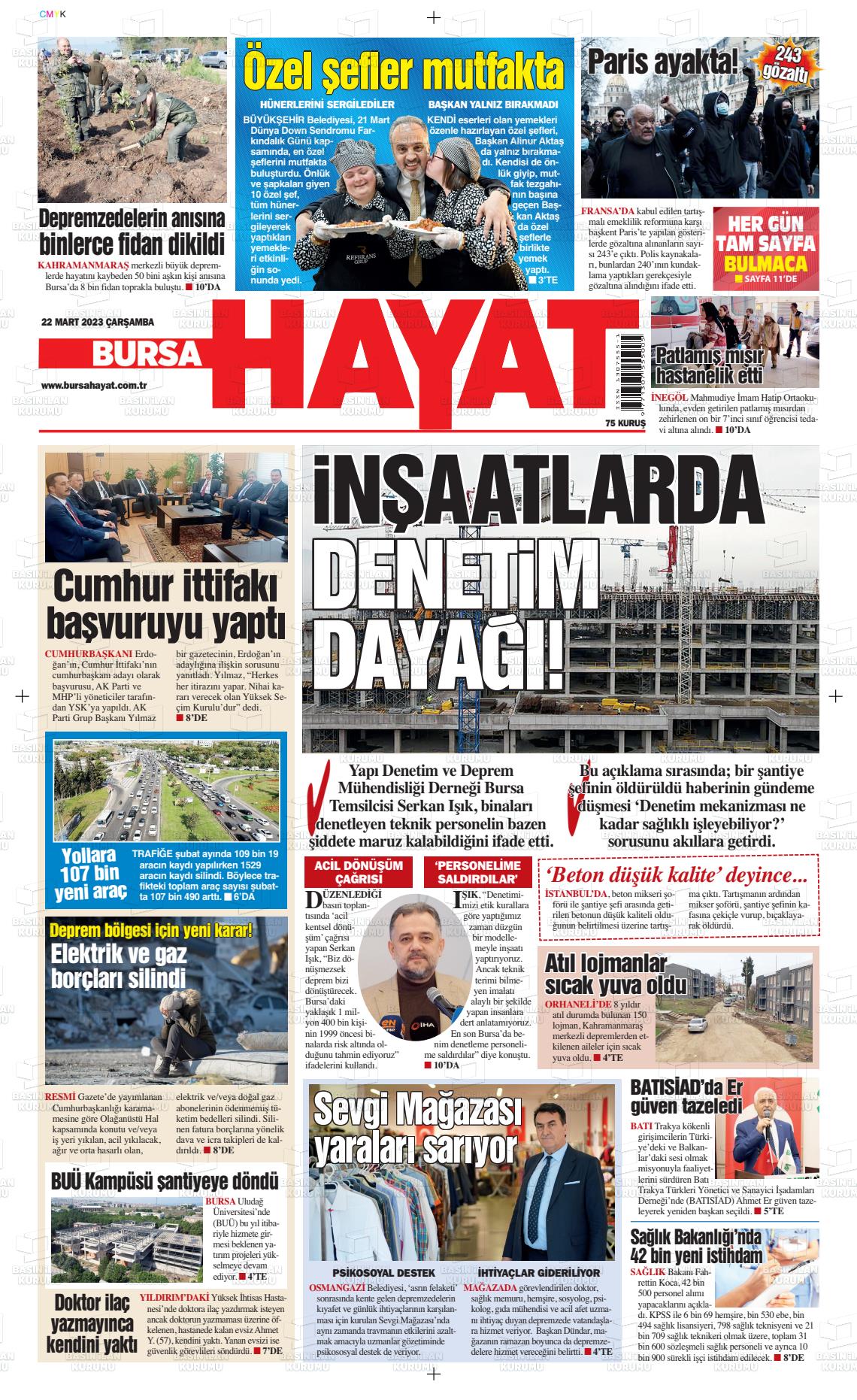 22 Mart 2023 Bursa Hayat Gazete Manşeti