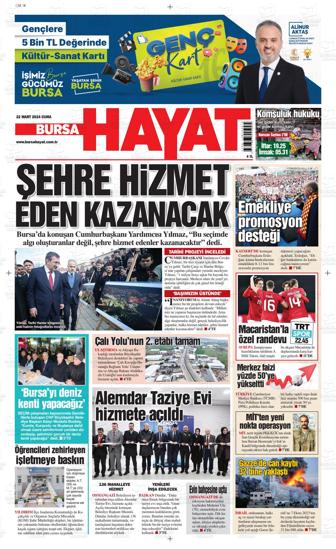 22 Mart 2024 Bursa Hayat Gazete Manşeti