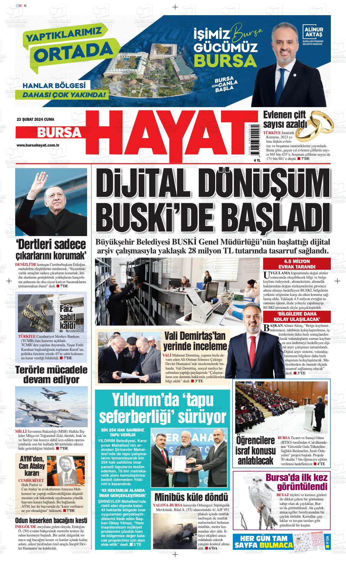 23 Şubat 2024 Bursa Hayat Gazete Manşeti