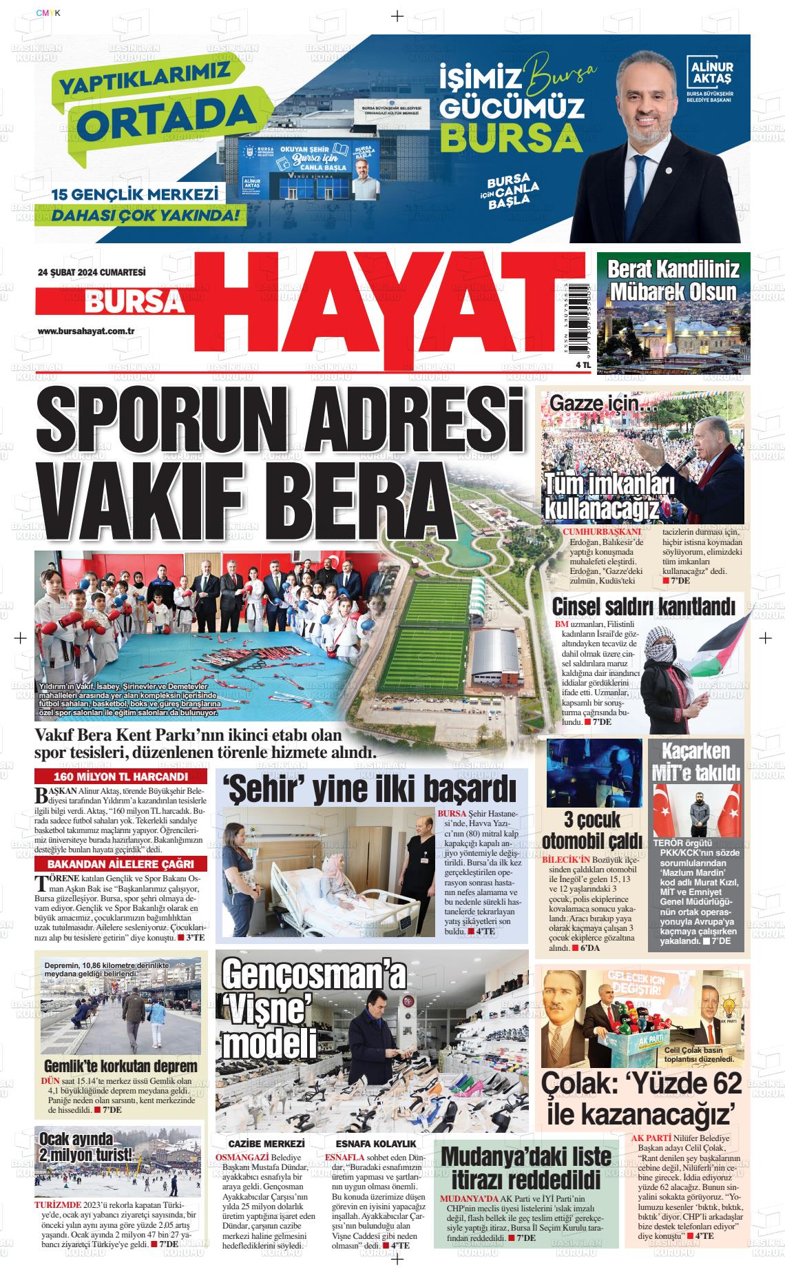 24 Şubat 2024 Bursa Hayat Gazete Manşeti