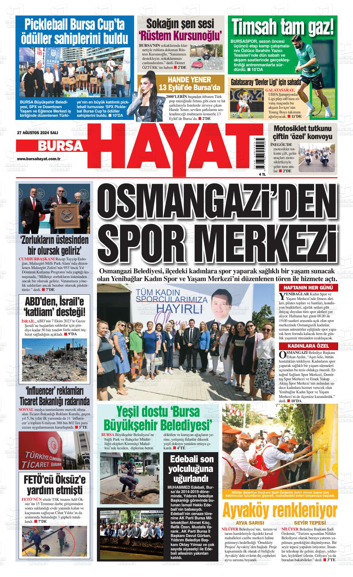 27 Ağustos 2024 Bursa Hayat Gazete Manşeti