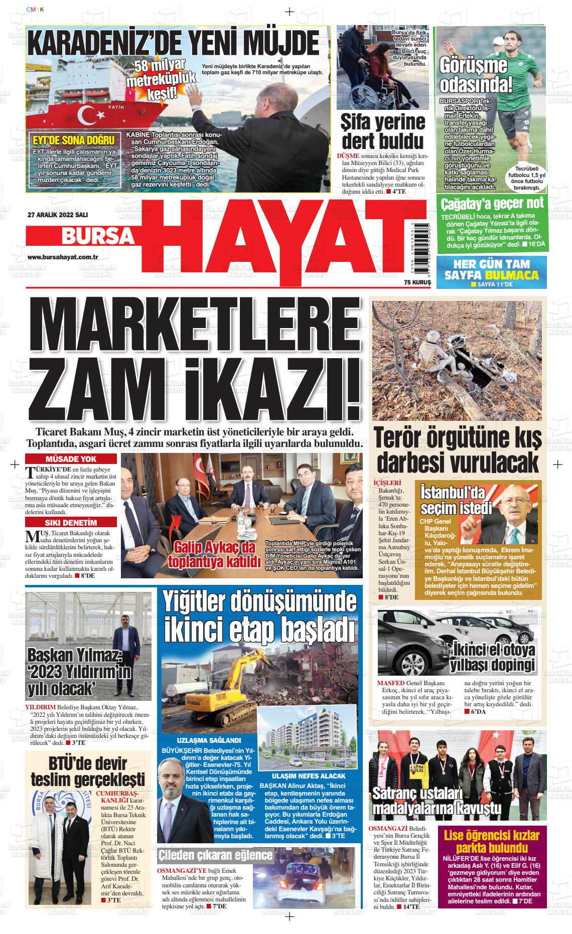 27 Aralık 2022 Bursa Hayat Gazete Manşeti