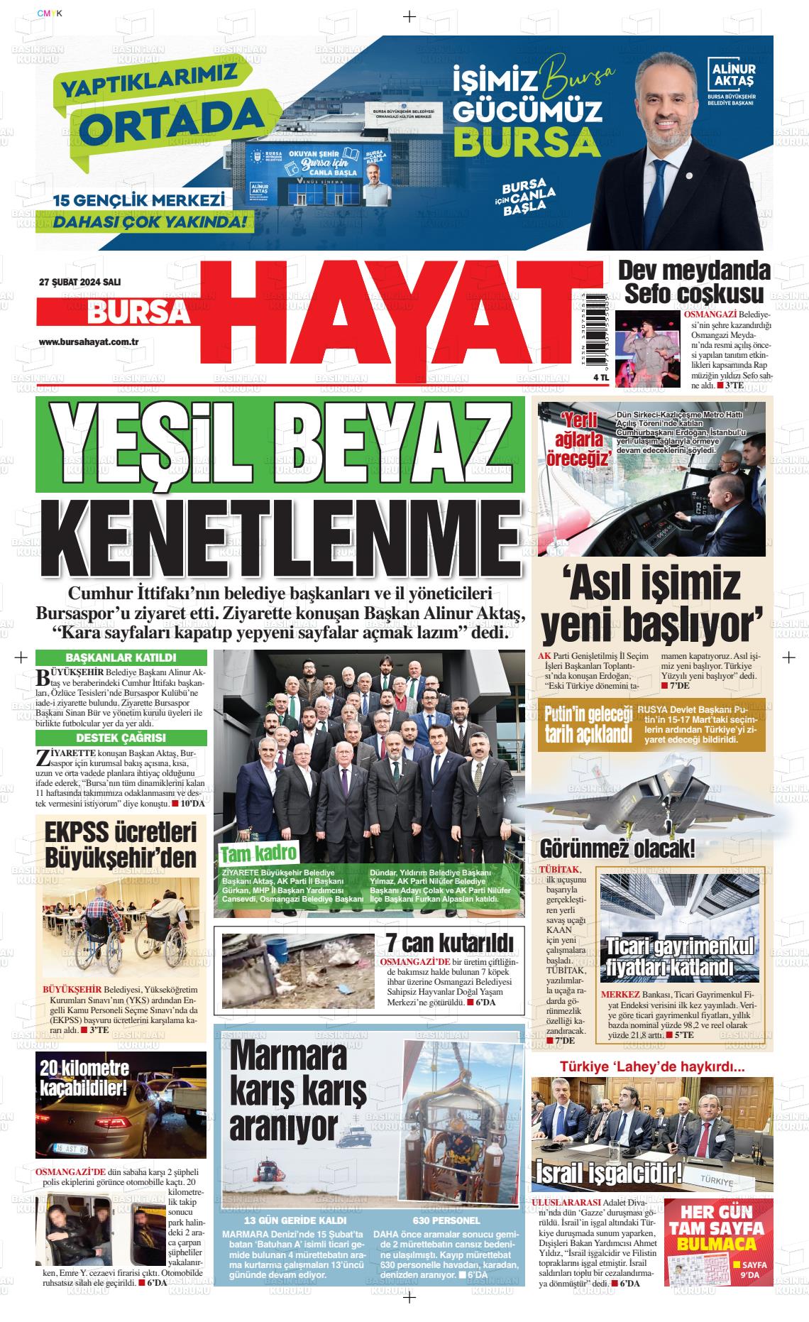 27 Şubat 2024 Bursa Hayat Gazete Manşeti