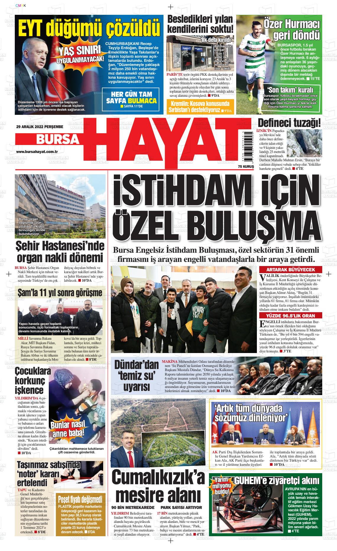 29 Aralık 2022 Bursa Hayat Gazete Manşeti