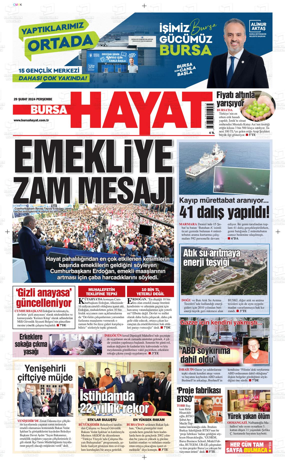 29 Şubat 2024 Bursa Hayat Gazete Manşeti