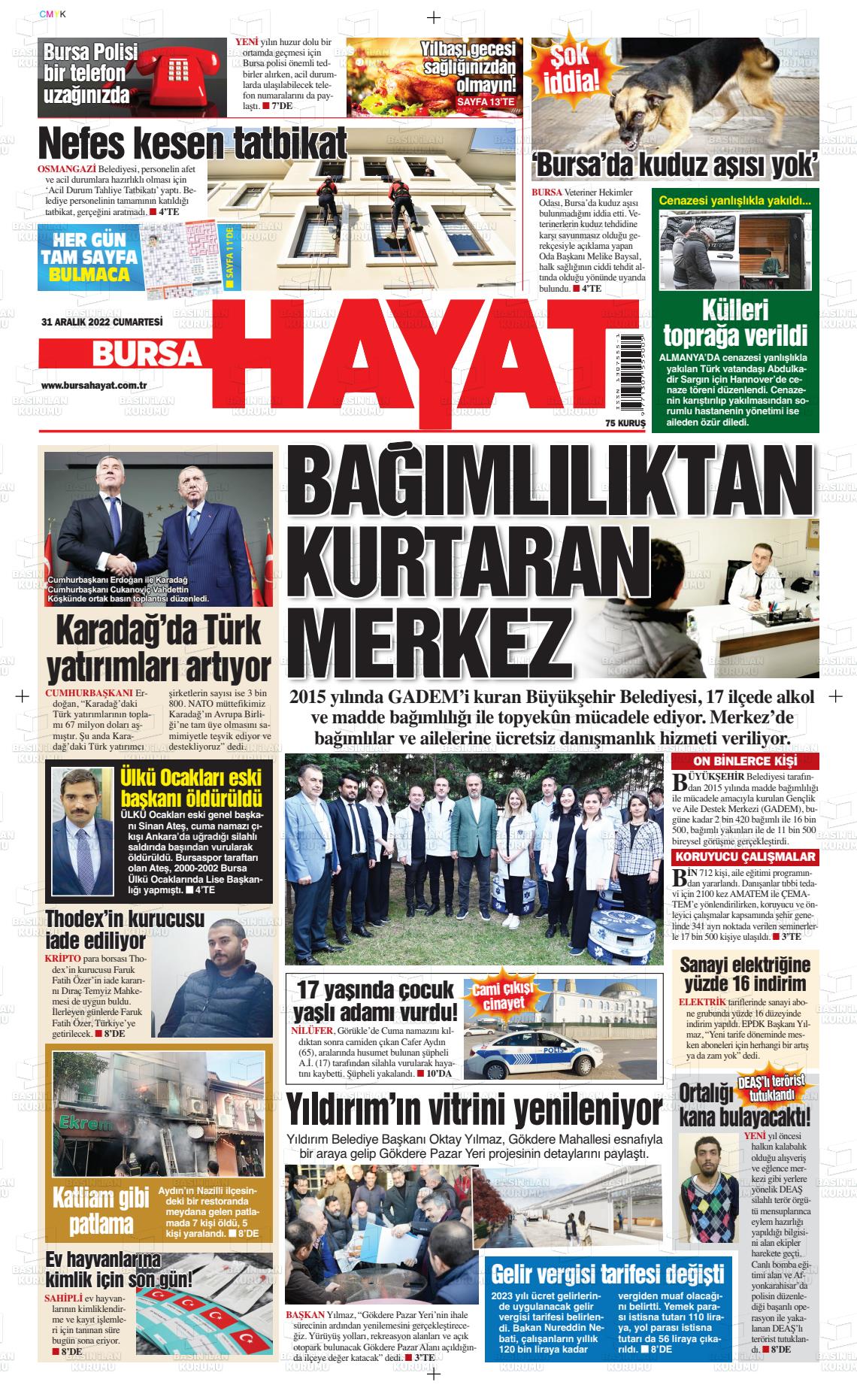 31 Aralık 2022 Bursa Hayat Gazete Manşeti