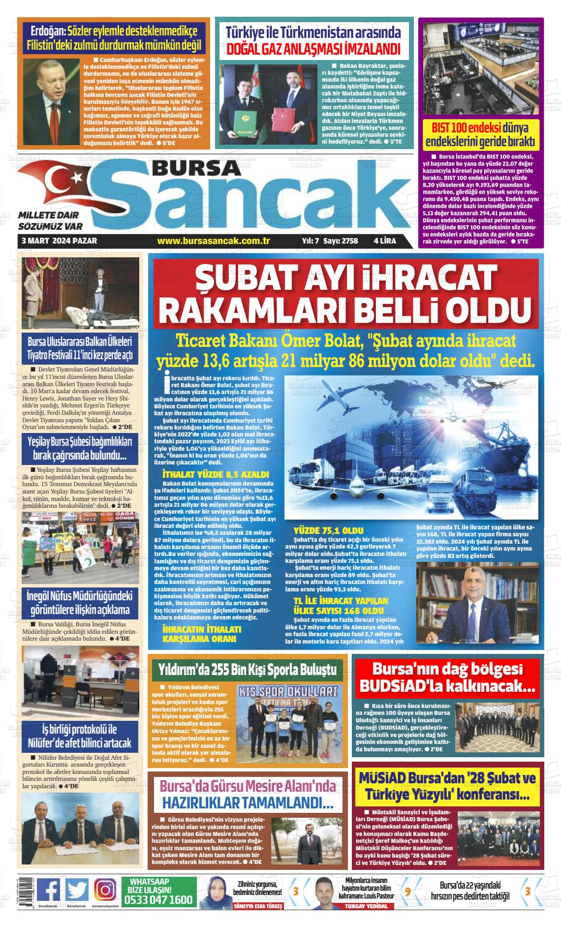 03 Mart 2024 Bursa Sancak Gazete Manşeti