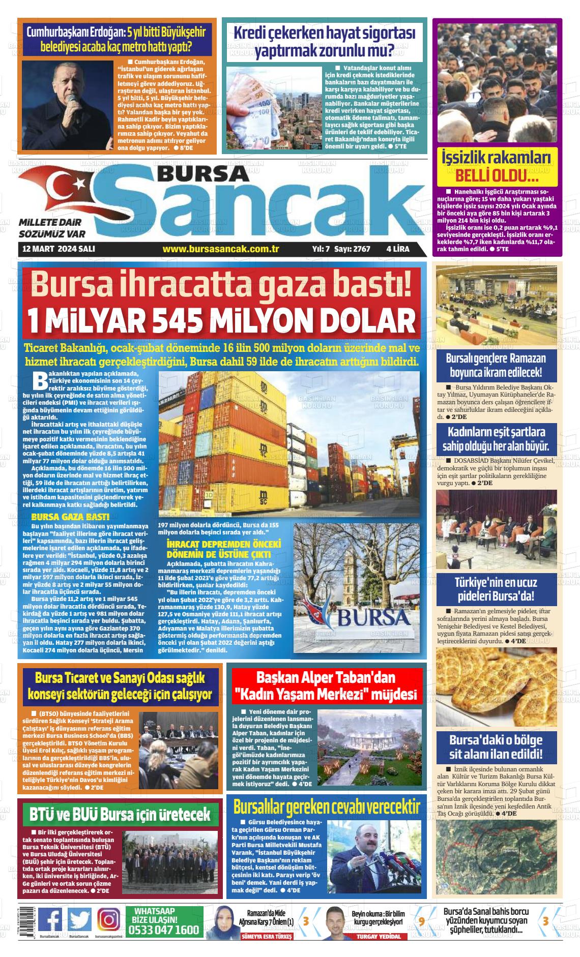 12 Mart 2024 Bursa Sancak Gazete Manşeti