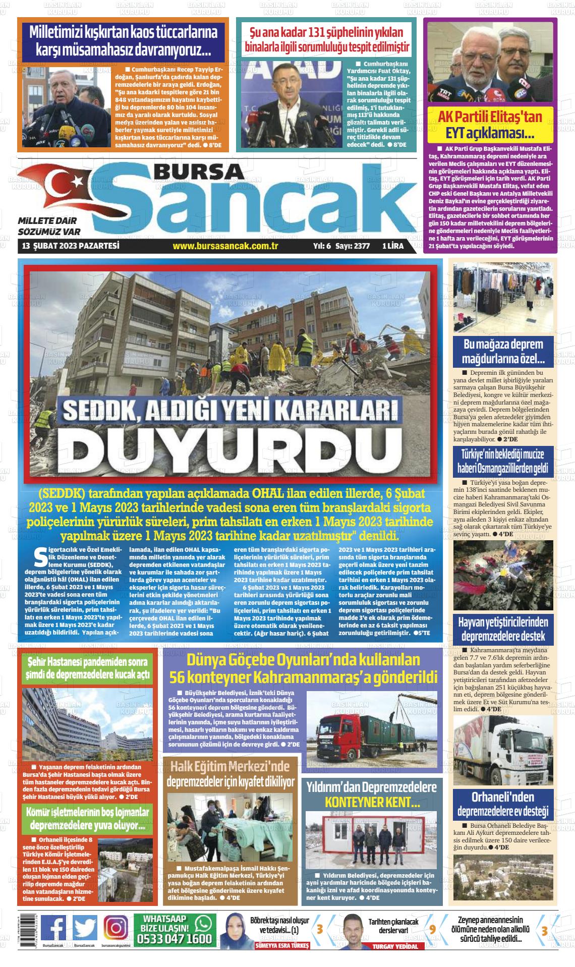 13 Şubat 2023 Bursa Sancak Gazete Manşeti