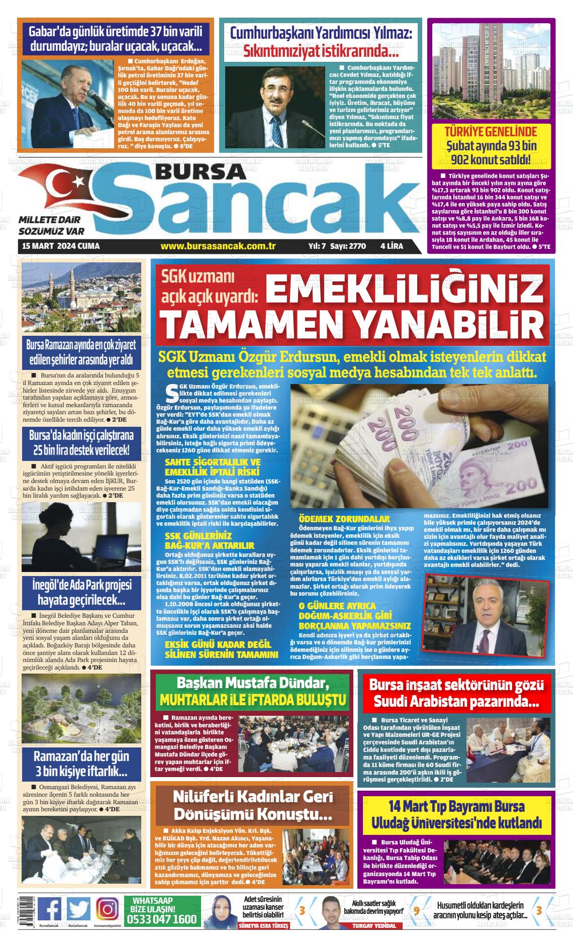 15 Mart 2024 Bursa Sancak Gazete Manşeti