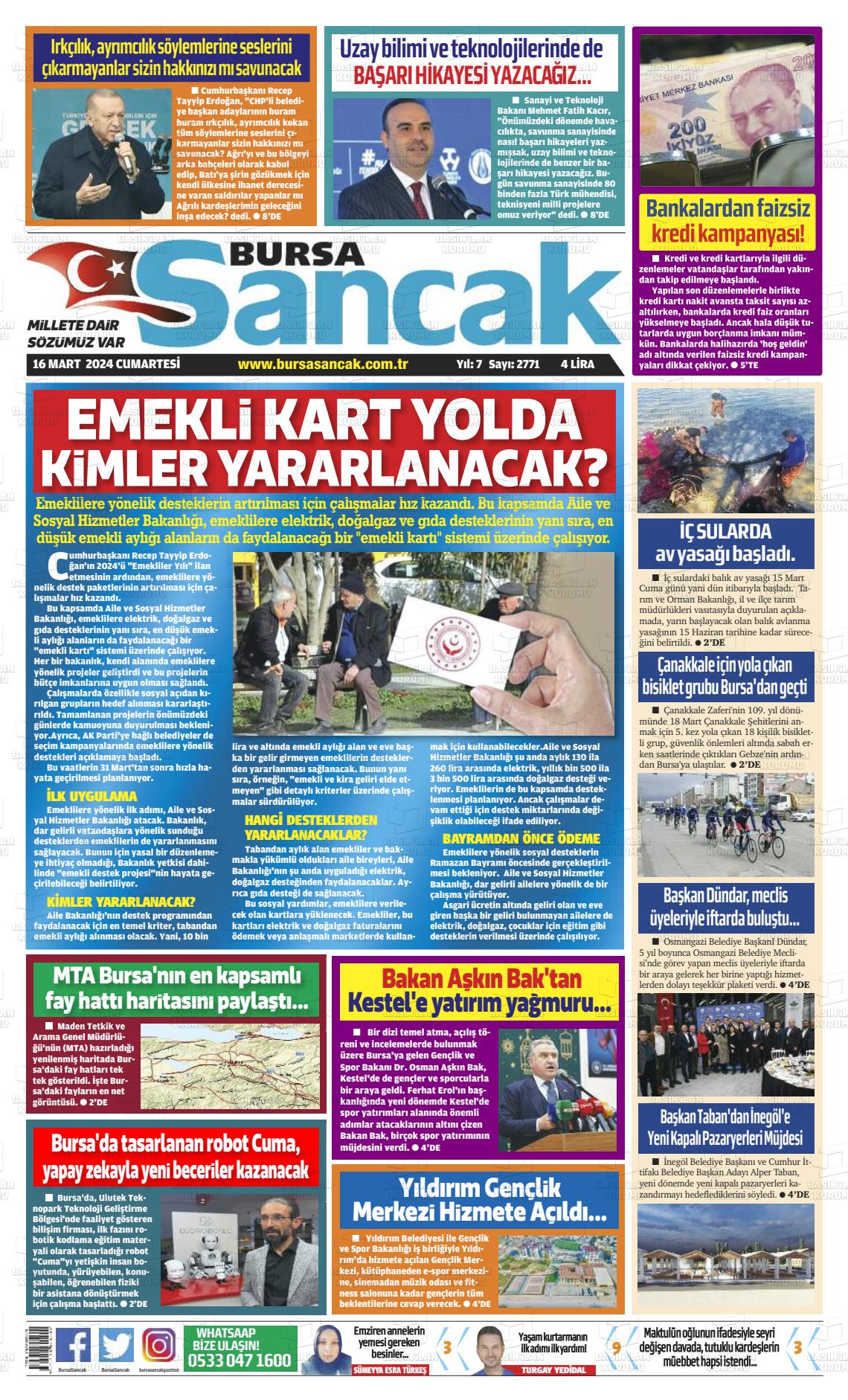 16 Mart 2024 Bursa Sancak Gazete Manşeti