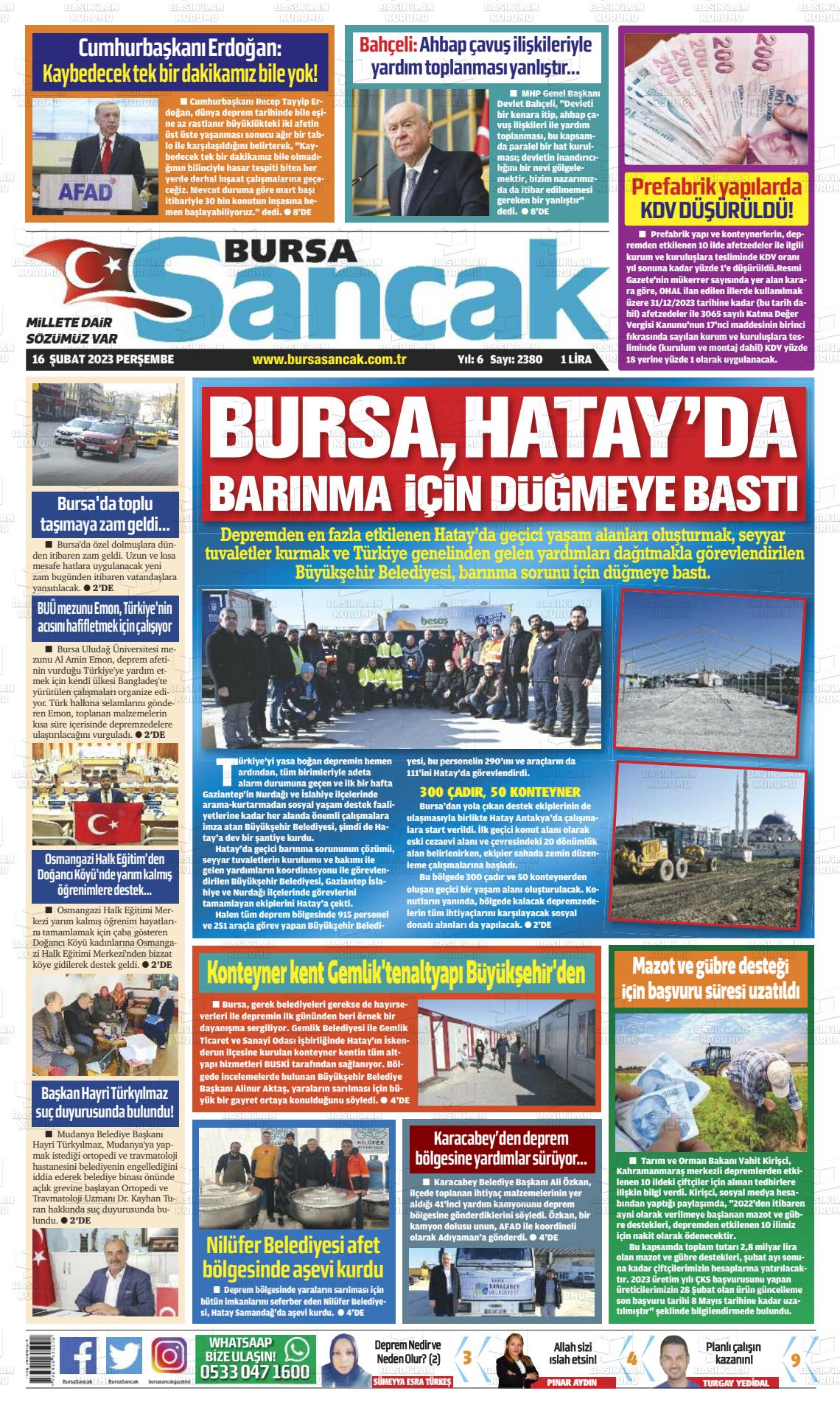 16 Şubat 2023 Bursa Sancak Gazete Manşeti