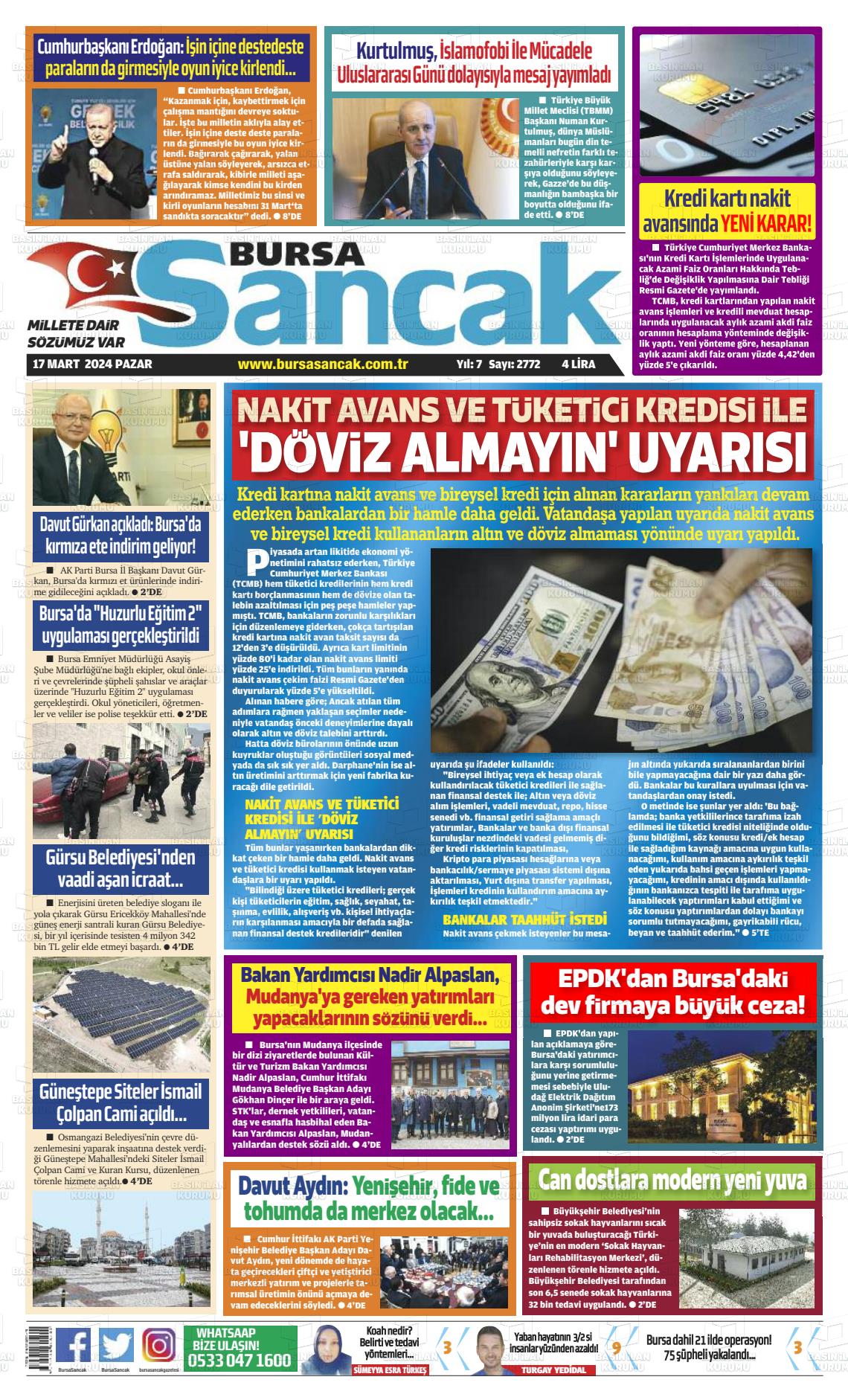 17 Mart 2024 Bursa Sancak Gazete Manşeti