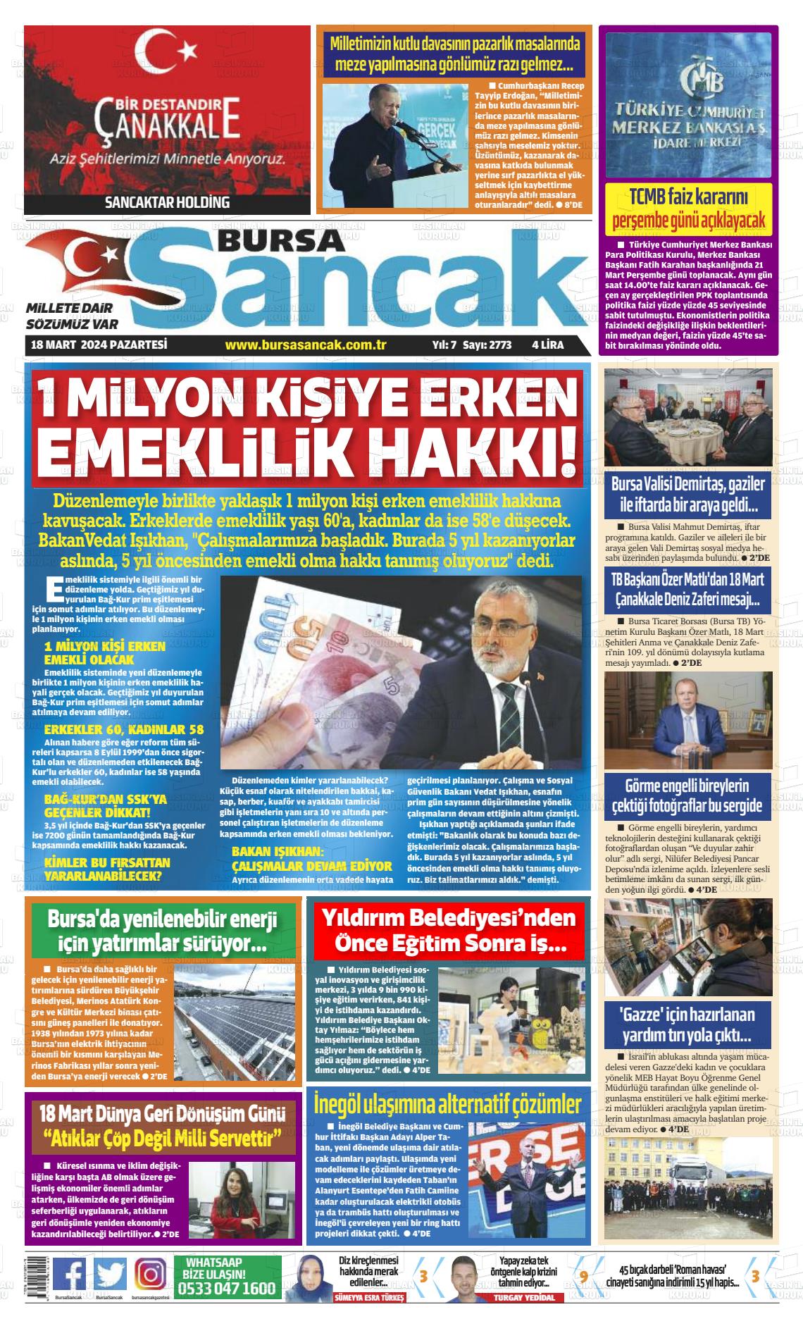 18 Mart 2024 Bursa Sancak Gazete Manşeti