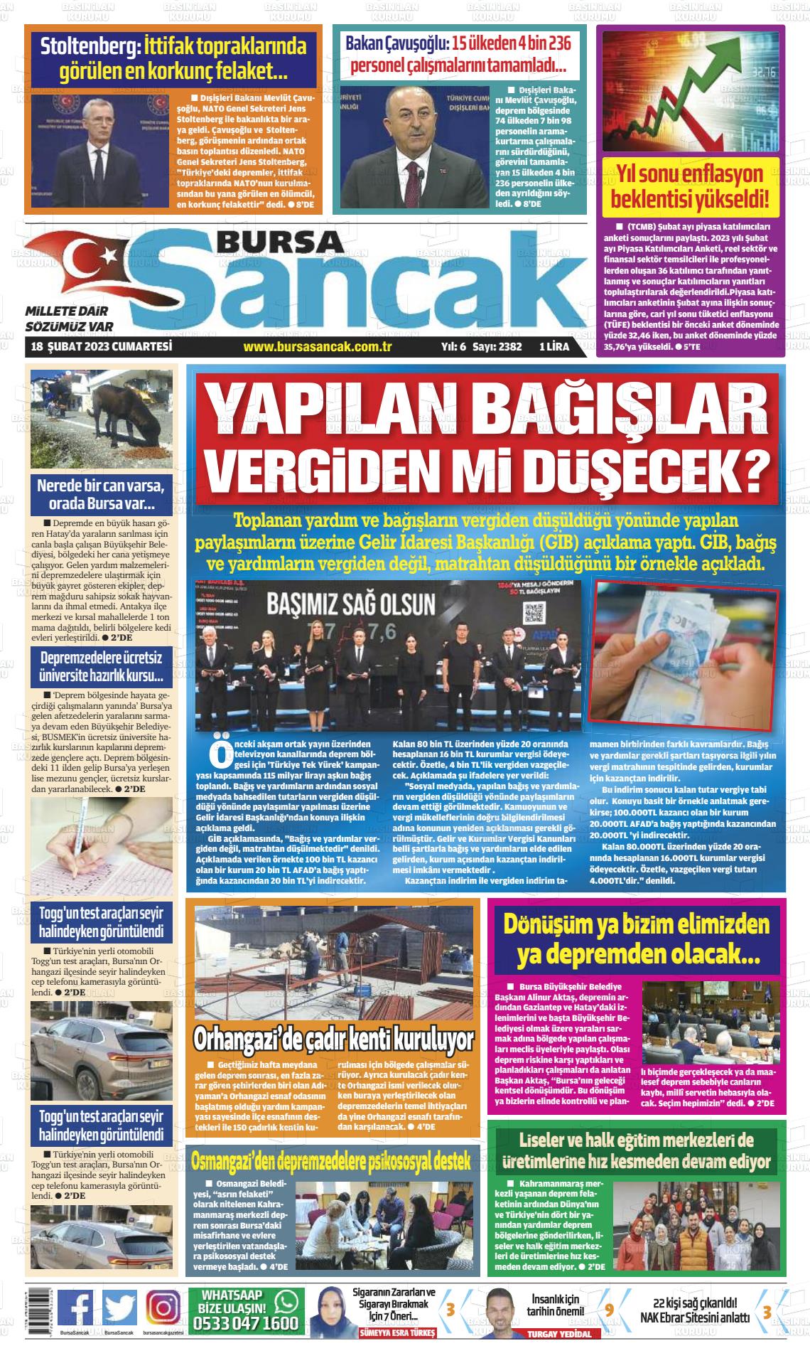 18 Şubat 2023 Bursa Sancak Gazete Manşeti