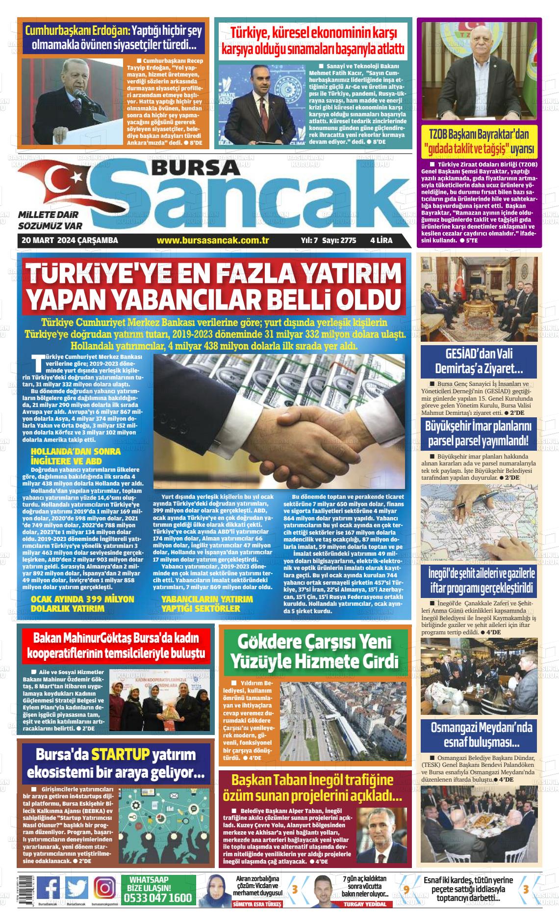 20 Mart 2024 Bursa Sancak Gazete Manşeti