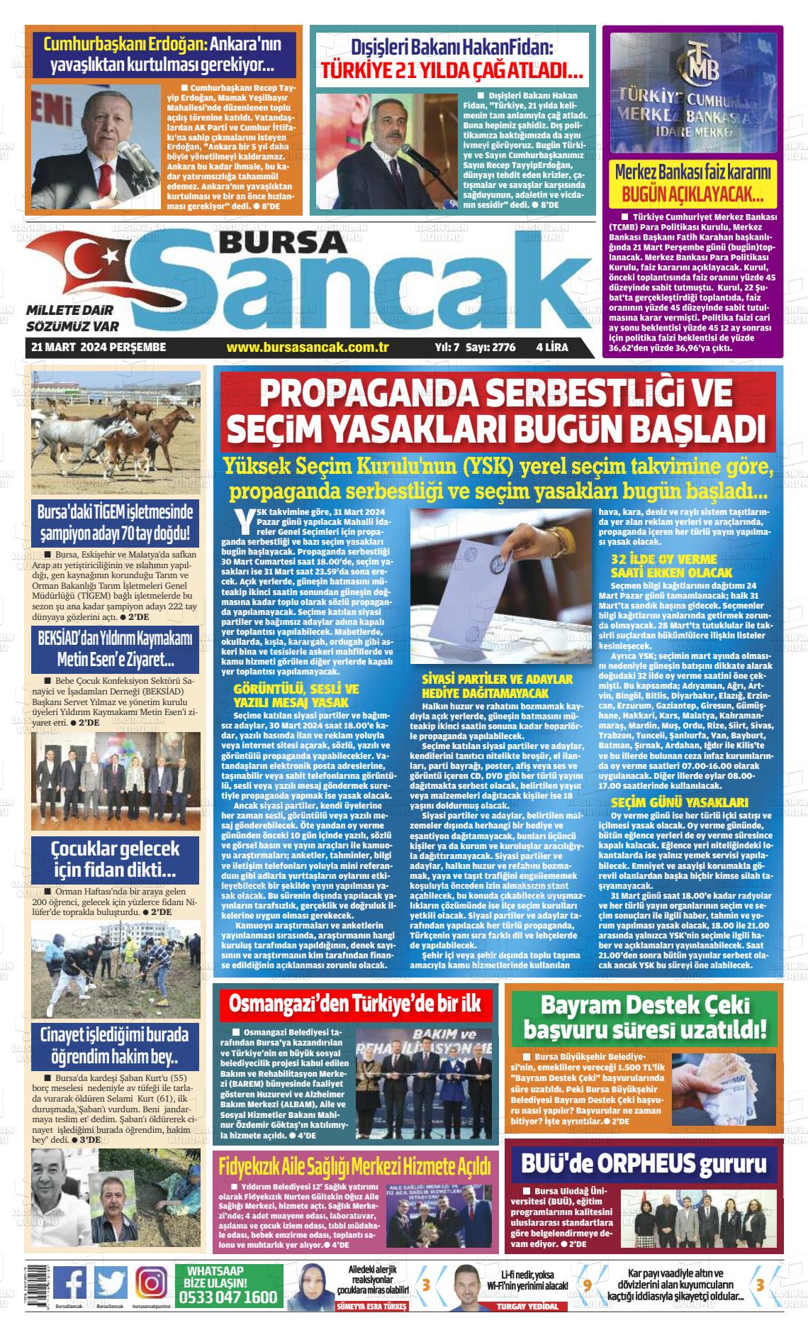 21 Mart 2024 Bursa Sancak Gazete Manşeti