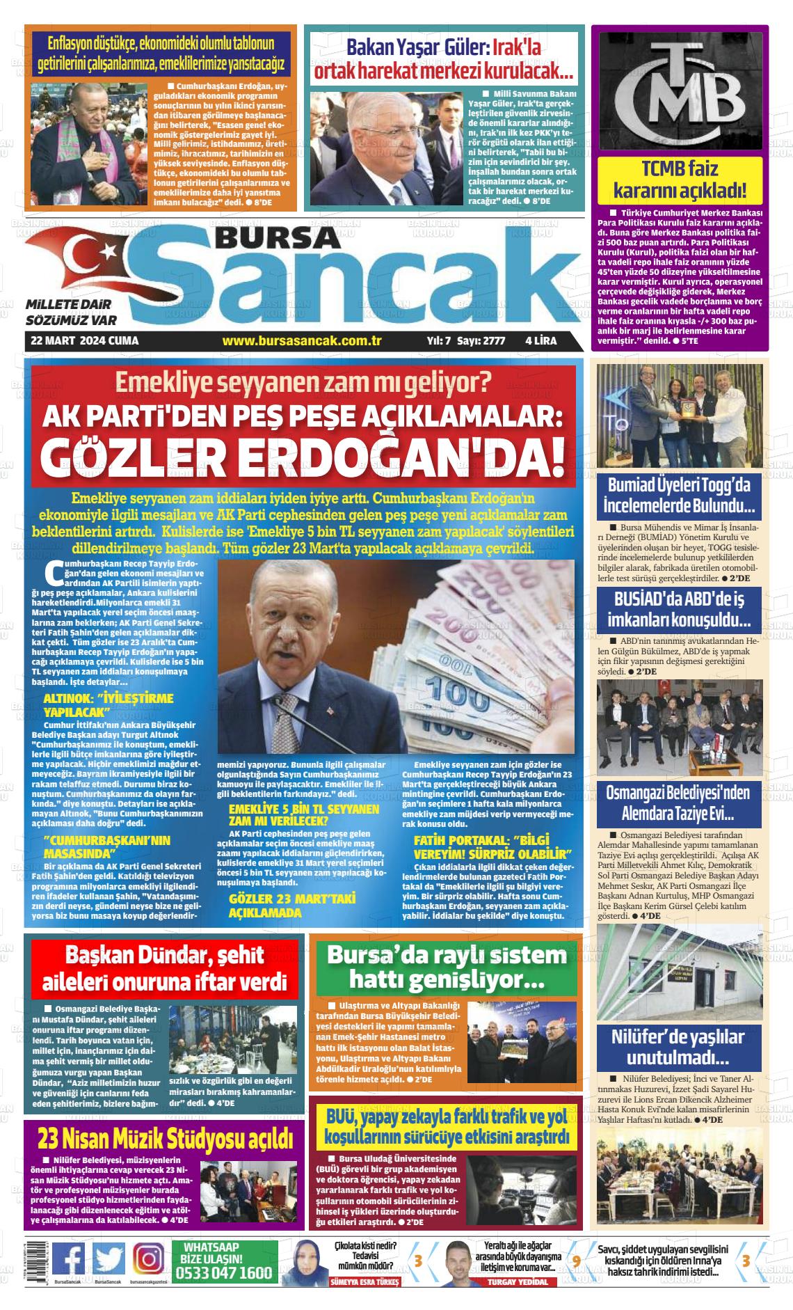 22 Mart 2024 Bursa Sancak Gazete Manşeti