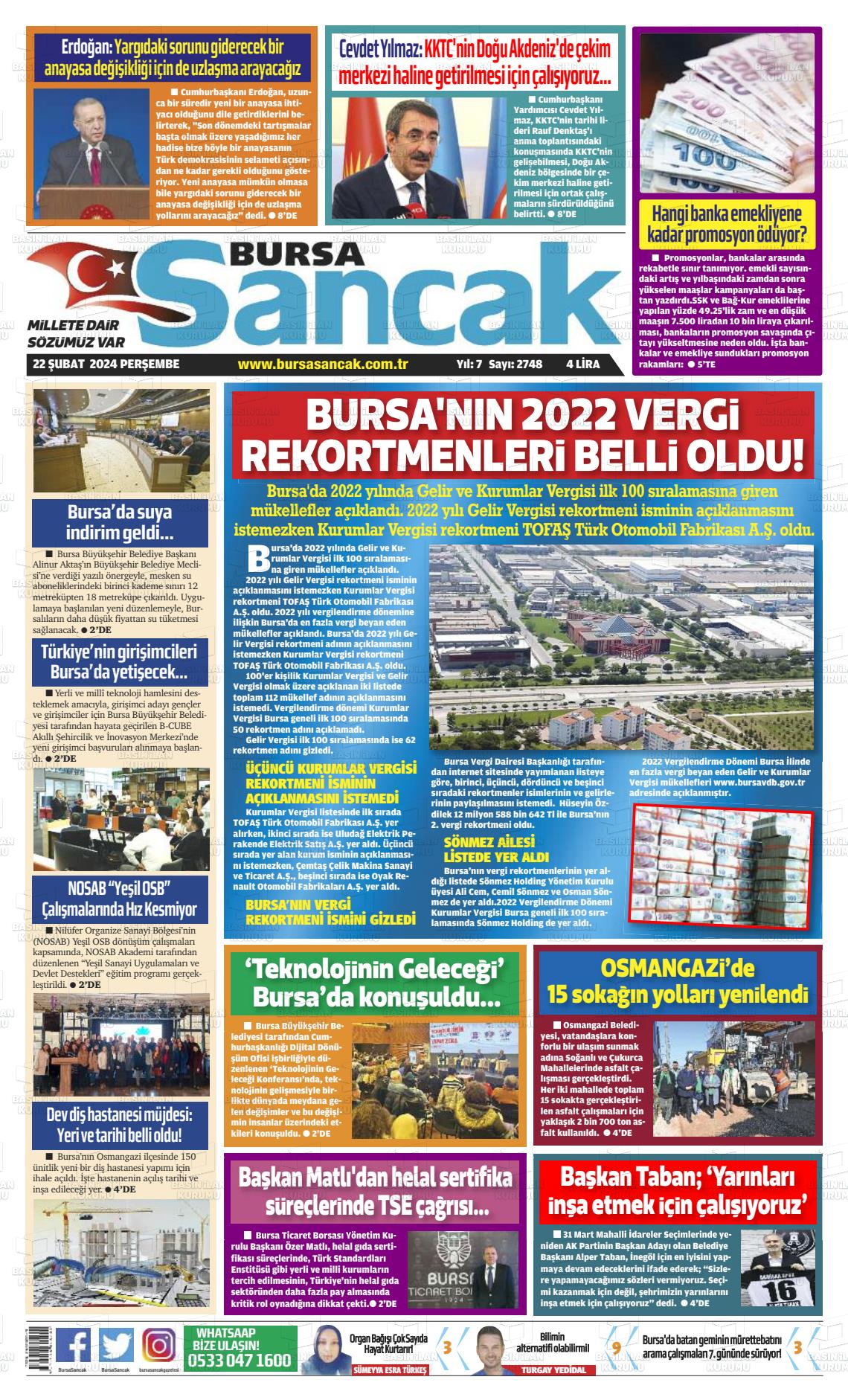 22 Şubat 2024 Bursa Sancak Gazete Manşeti