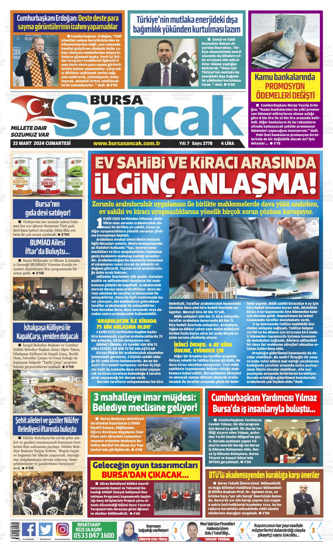 23 Mart 2024 Bursa Sancak Gazete Manşeti