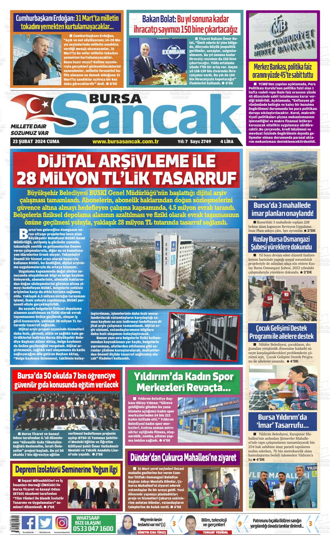 23 Şubat 2024 Bursa Sancak Gazete Manşeti