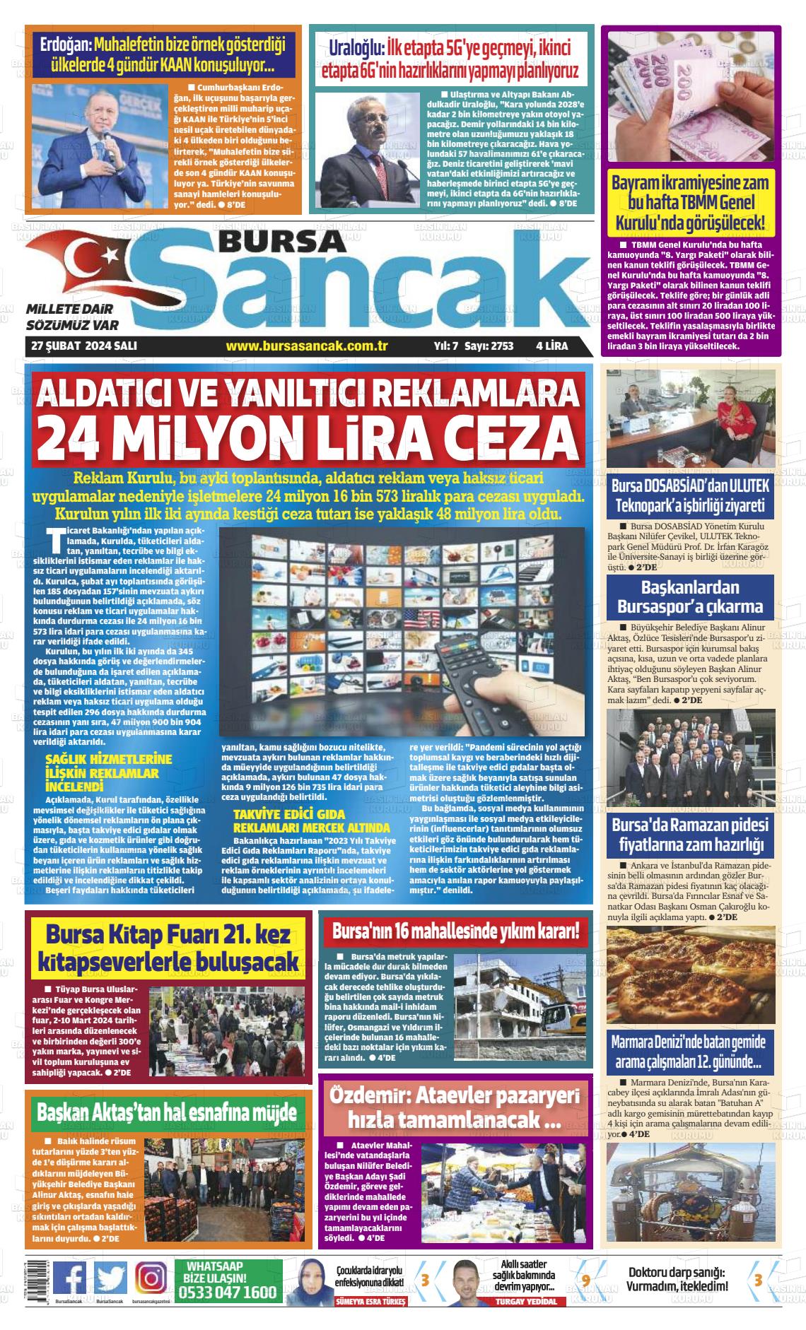 27 Şubat 2024 Bursa Sancak Gazete Manşeti