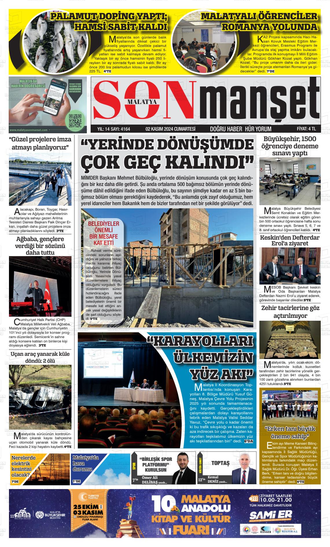 02 Kasım 2024 BUSABAH Malatya Gazete Manşeti