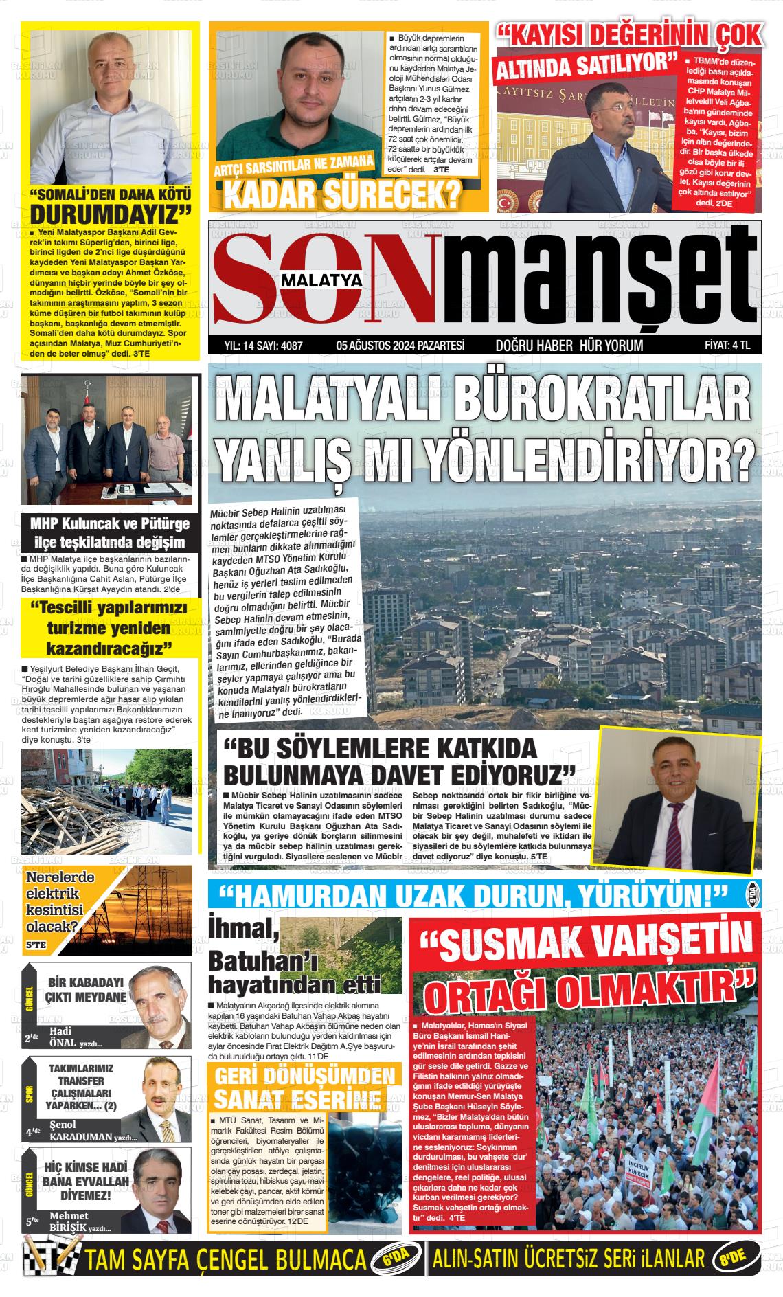 05 Ağustos 2024 BUSABAH Malatya Gazete Manşeti