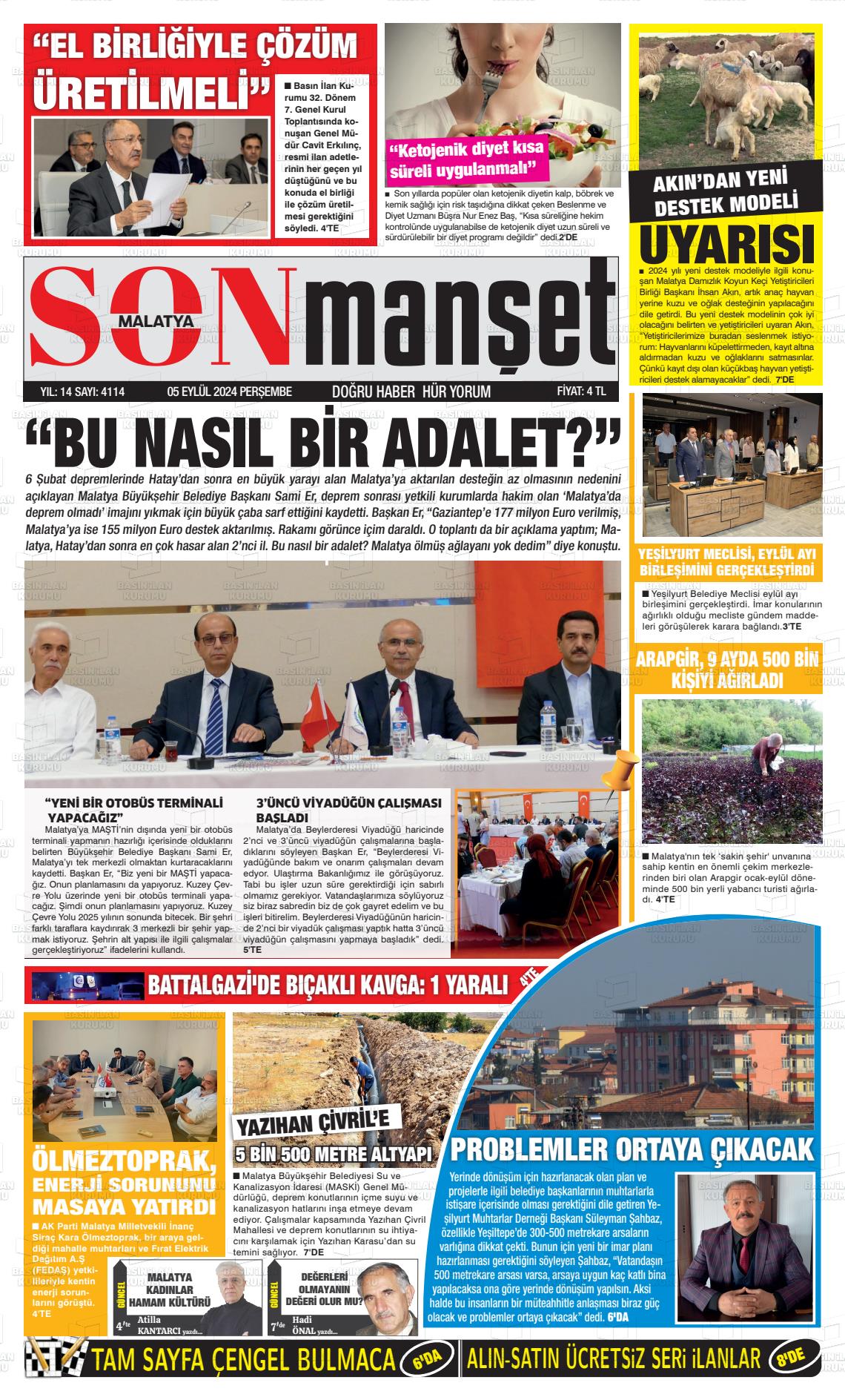 05 Eylül 2024 BUSABAH Malatya Gazete Manşeti