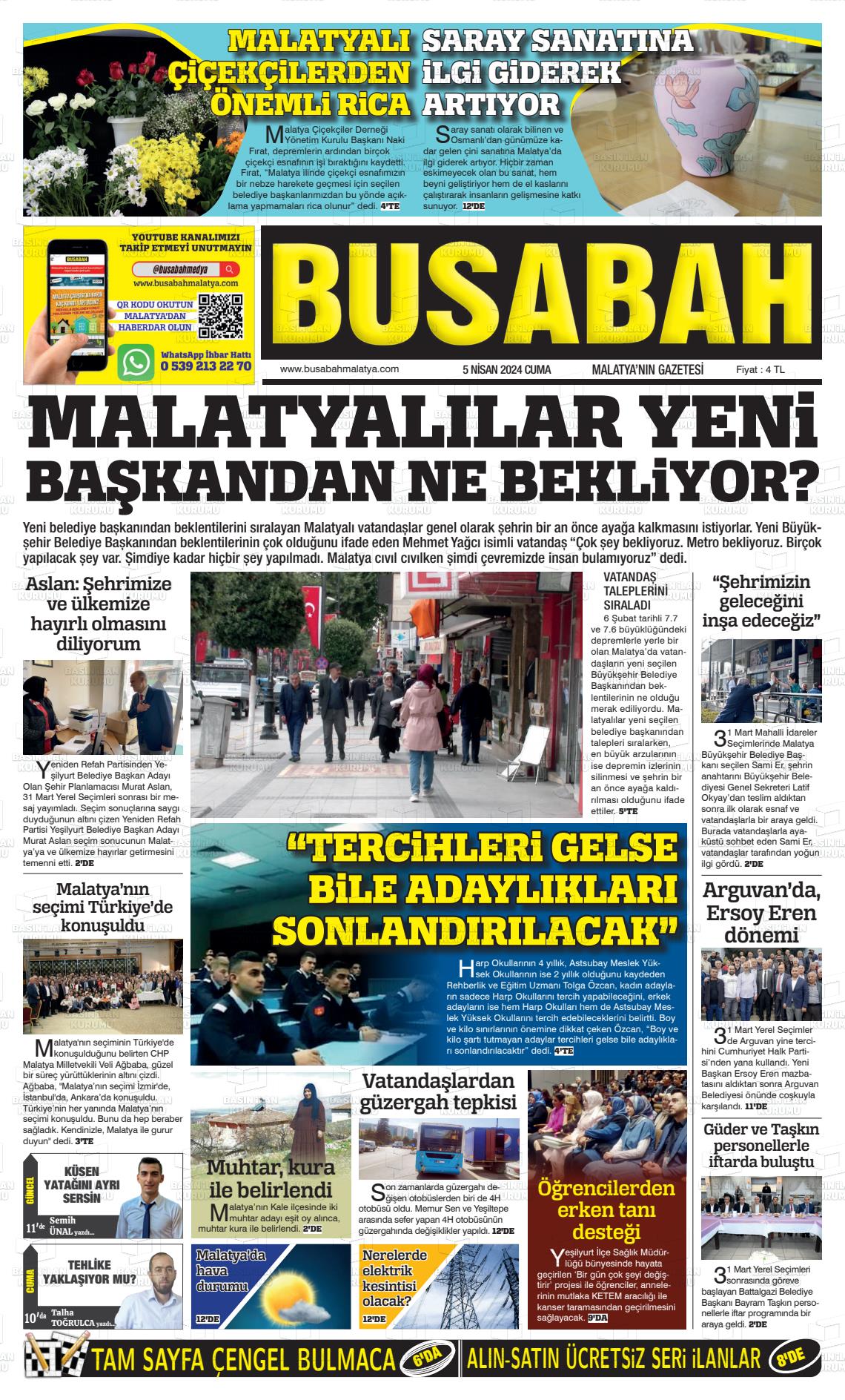 05 Nisan 2024 BUSABAH Malatya Gazete Manşeti