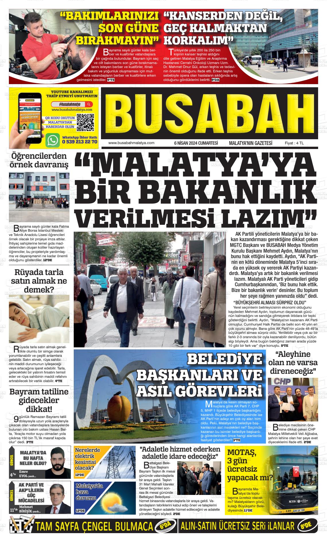 06 Nisan 2024 BUSABAH Malatya Gazete Manşeti