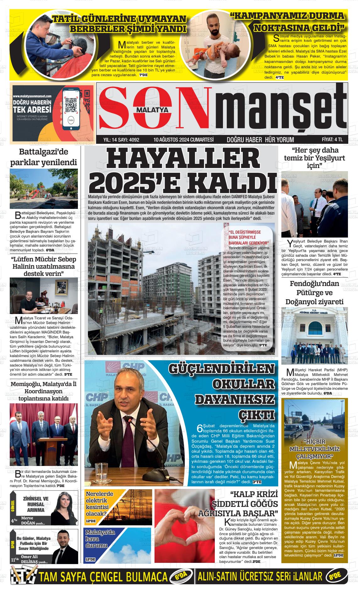 10 Ağustos 2024 BUSABAH Malatya Gazete Manşeti