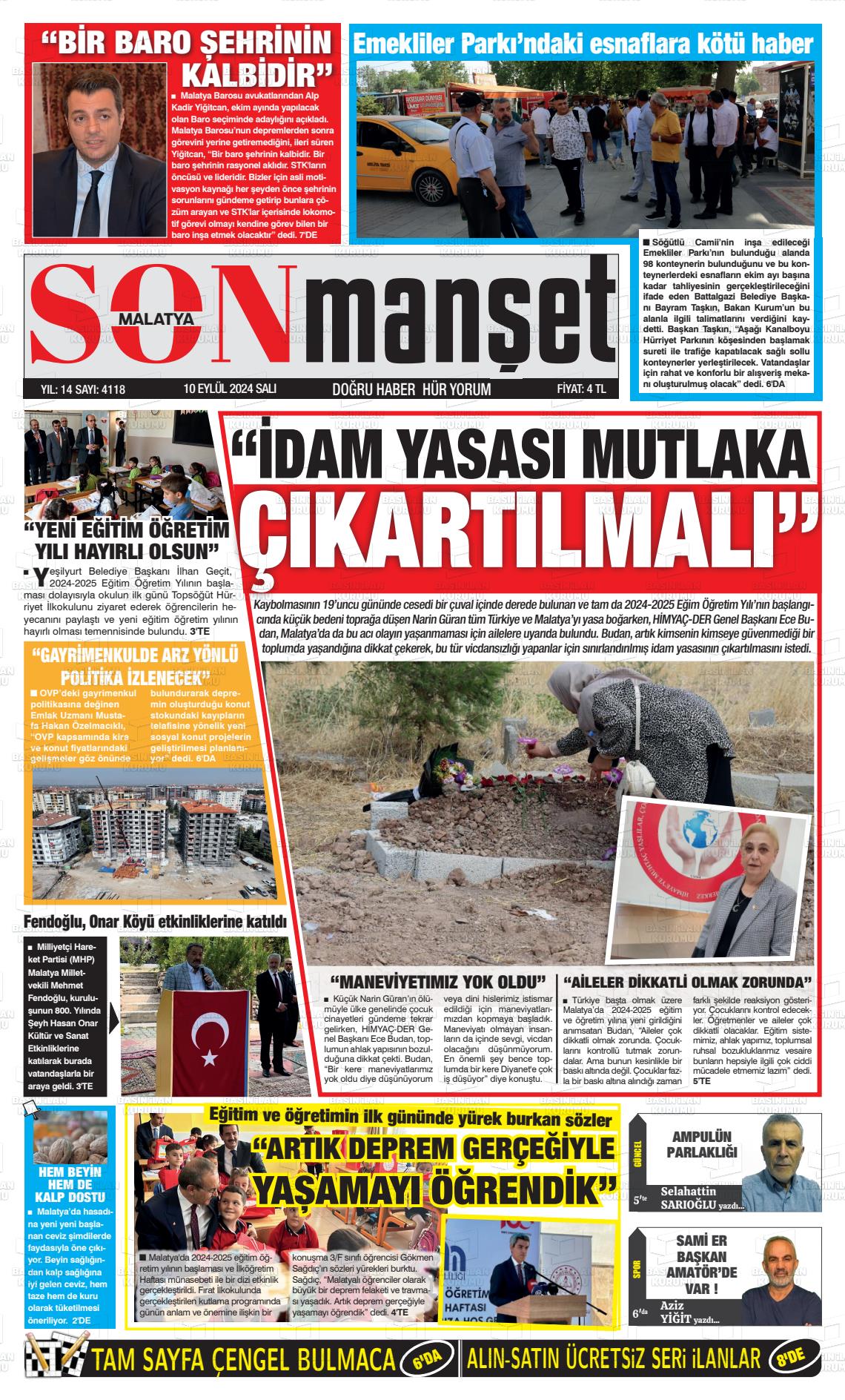 10 Eylül 2024 BUSABAH Malatya Gazete Manşeti