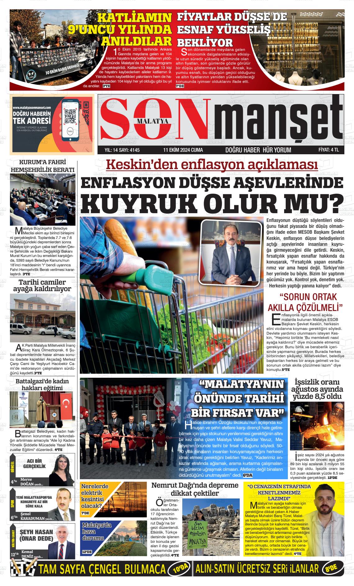 11 Ekim 2024 BUSABAH Malatya Gazete Manşeti