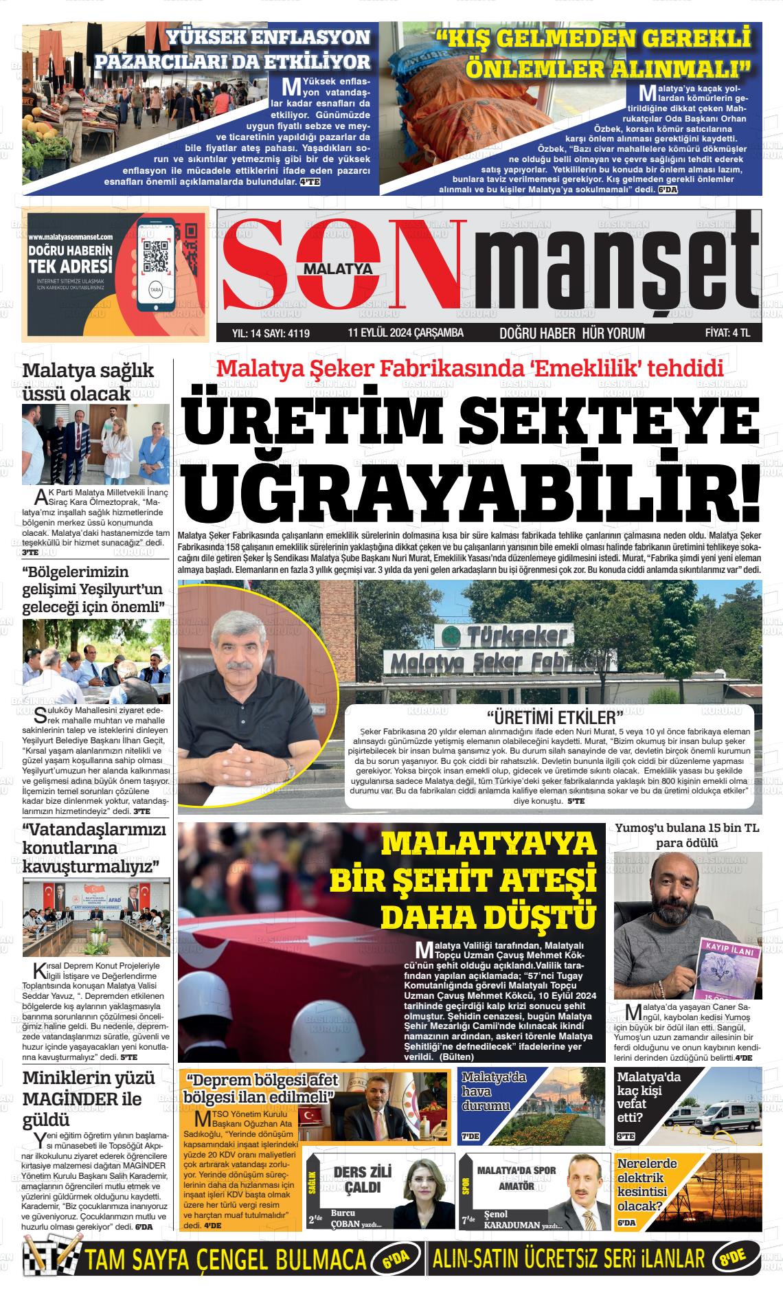 11 Eylül 2024 BUSABAH Malatya Gazete Manşeti