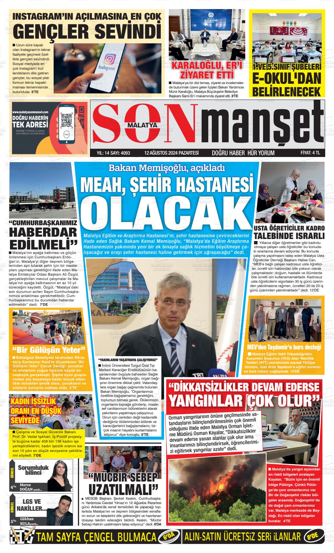 12 Ağustos 2024 BUSABAH Malatya Gazete Manşeti