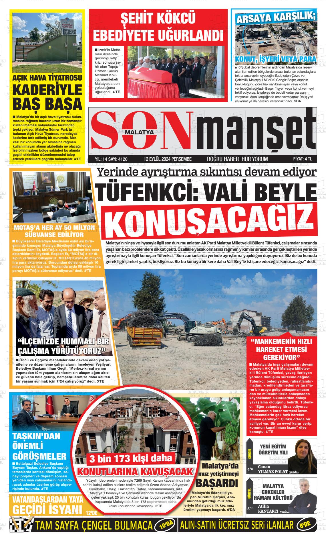 12 Eylül 2024 BUSABAH Malatya Gazete Manşeti