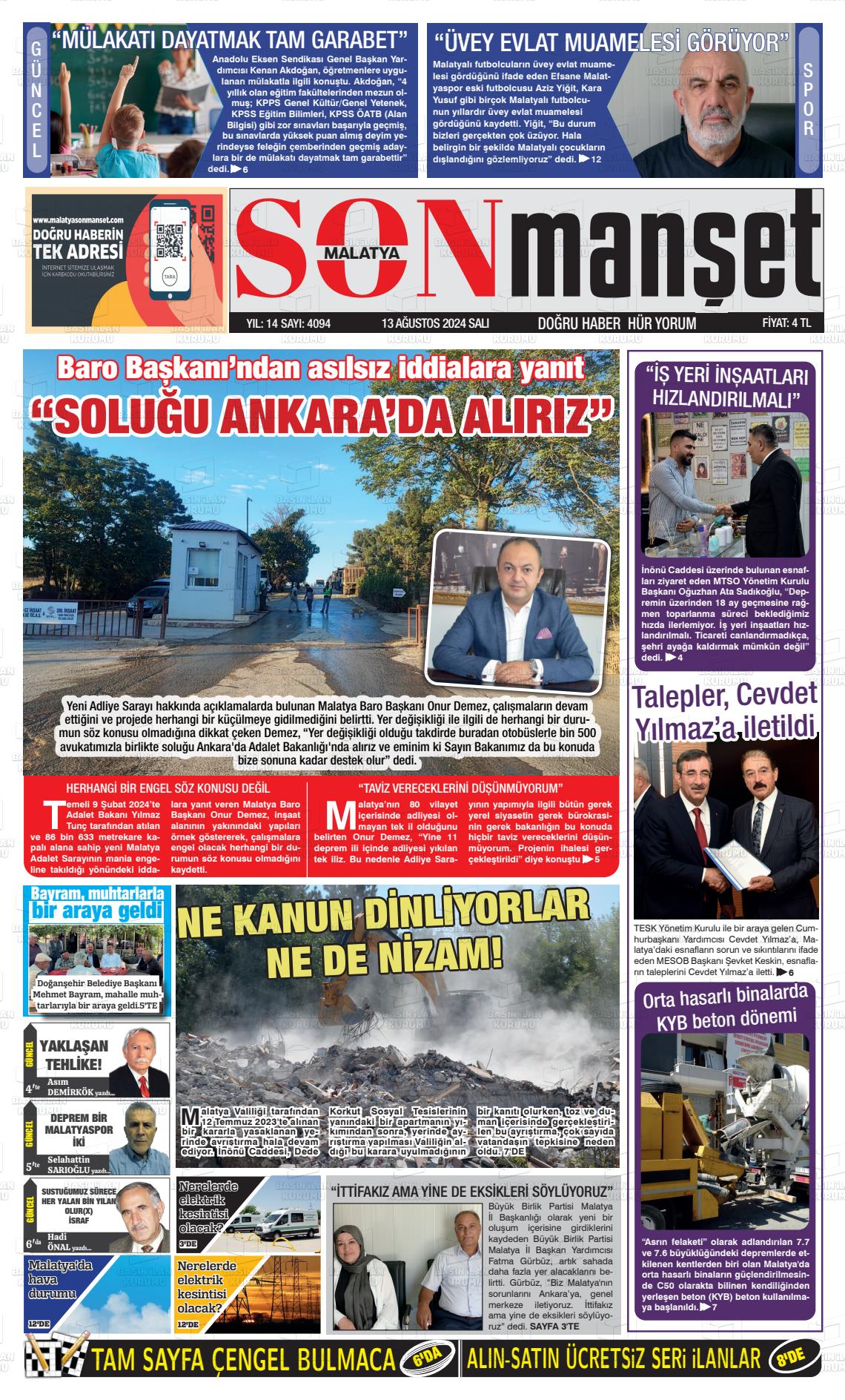 13 Ağustos 2024 BUSABAH Malatya Gazete Manşeti