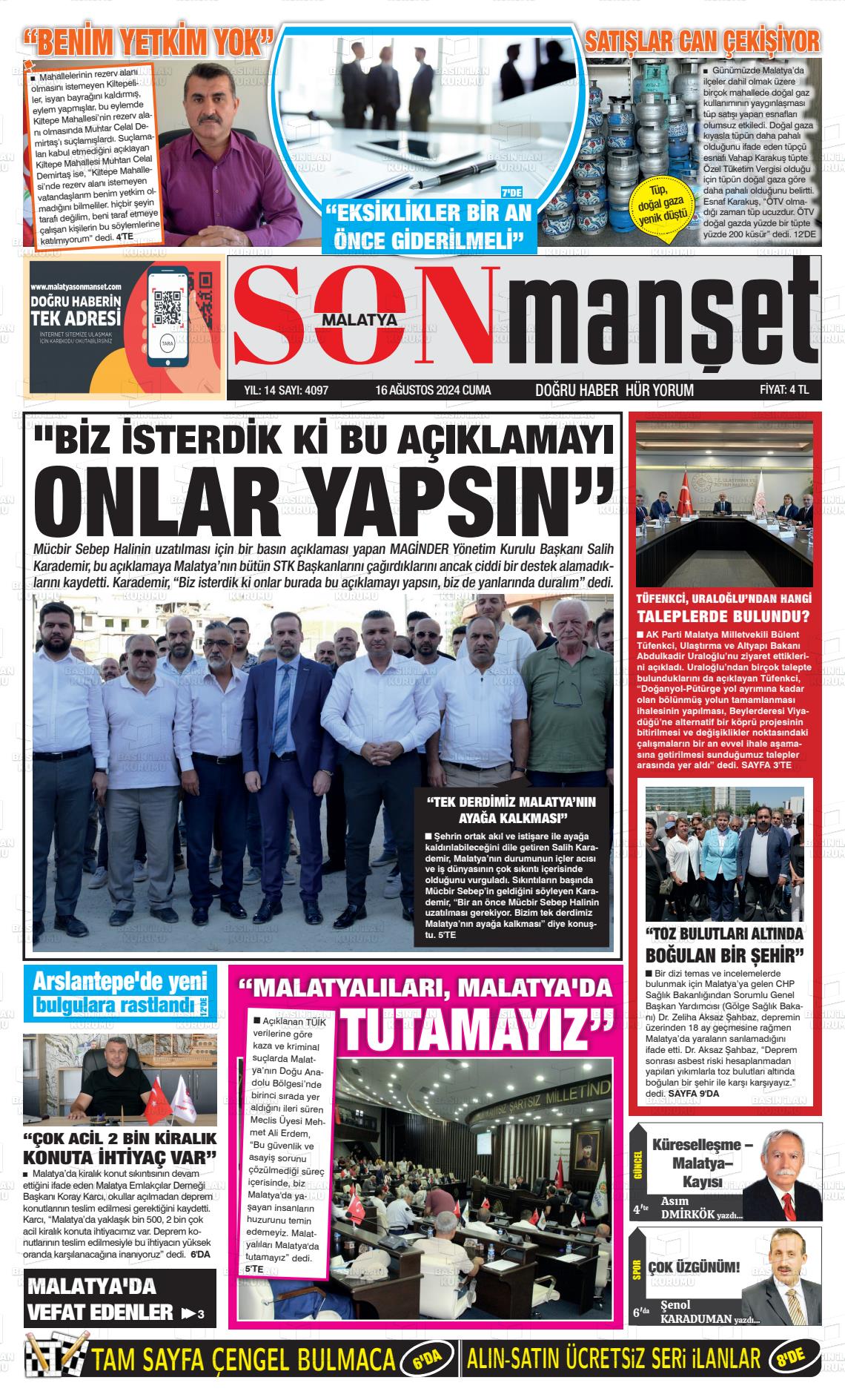 16 Ağustos 2024 BUSABAH Malatya Gazete Manşeti