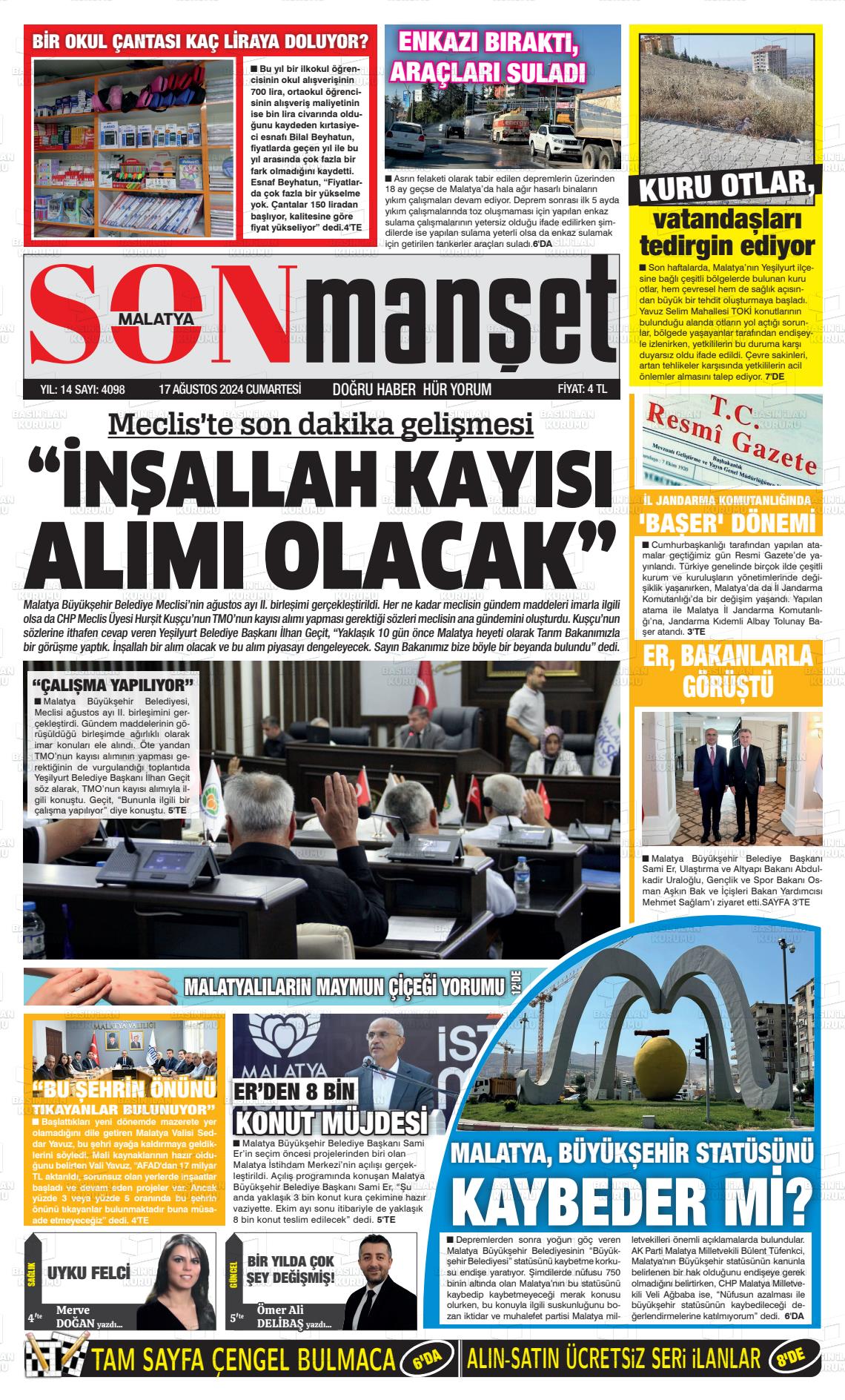 17 Ağustos 2024 BUSABAH Malatya Gazete Manşeti