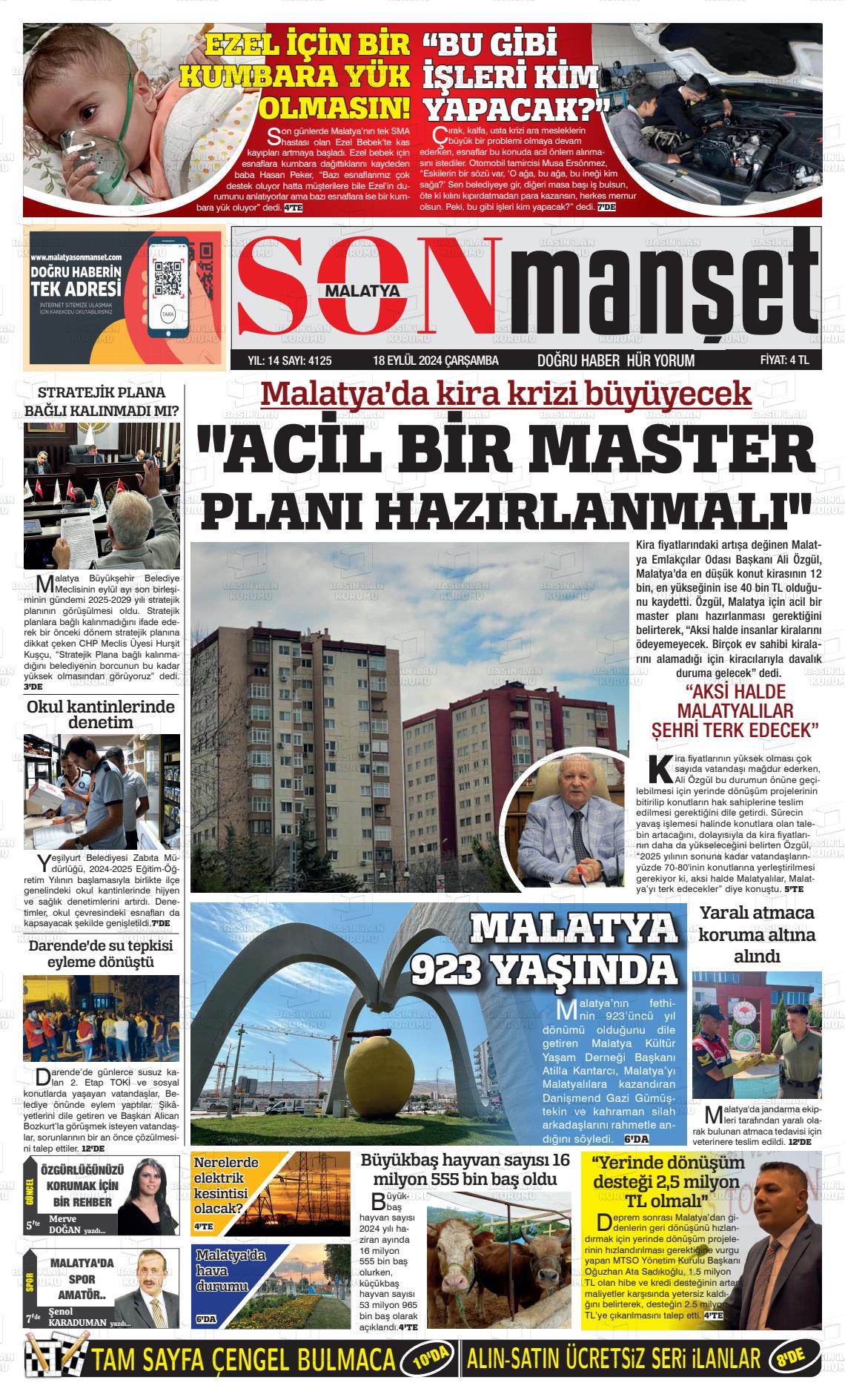 18 Eylül 2024 BUSABAH Malatya Gazete Manşeti