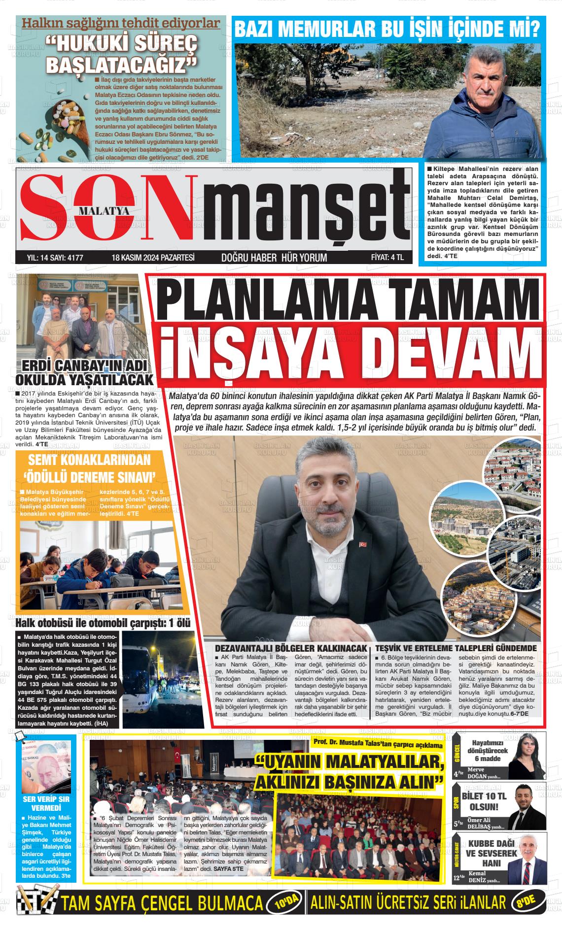 18 Kasım 2024 BUSABAH Malatya Gazete Manşeti