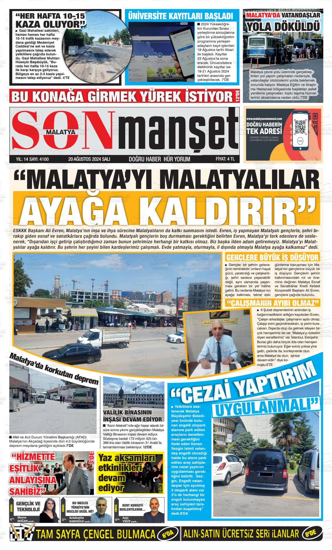 20 Ağustos 2024 BUSABAH Malatya Gazete Manşeti