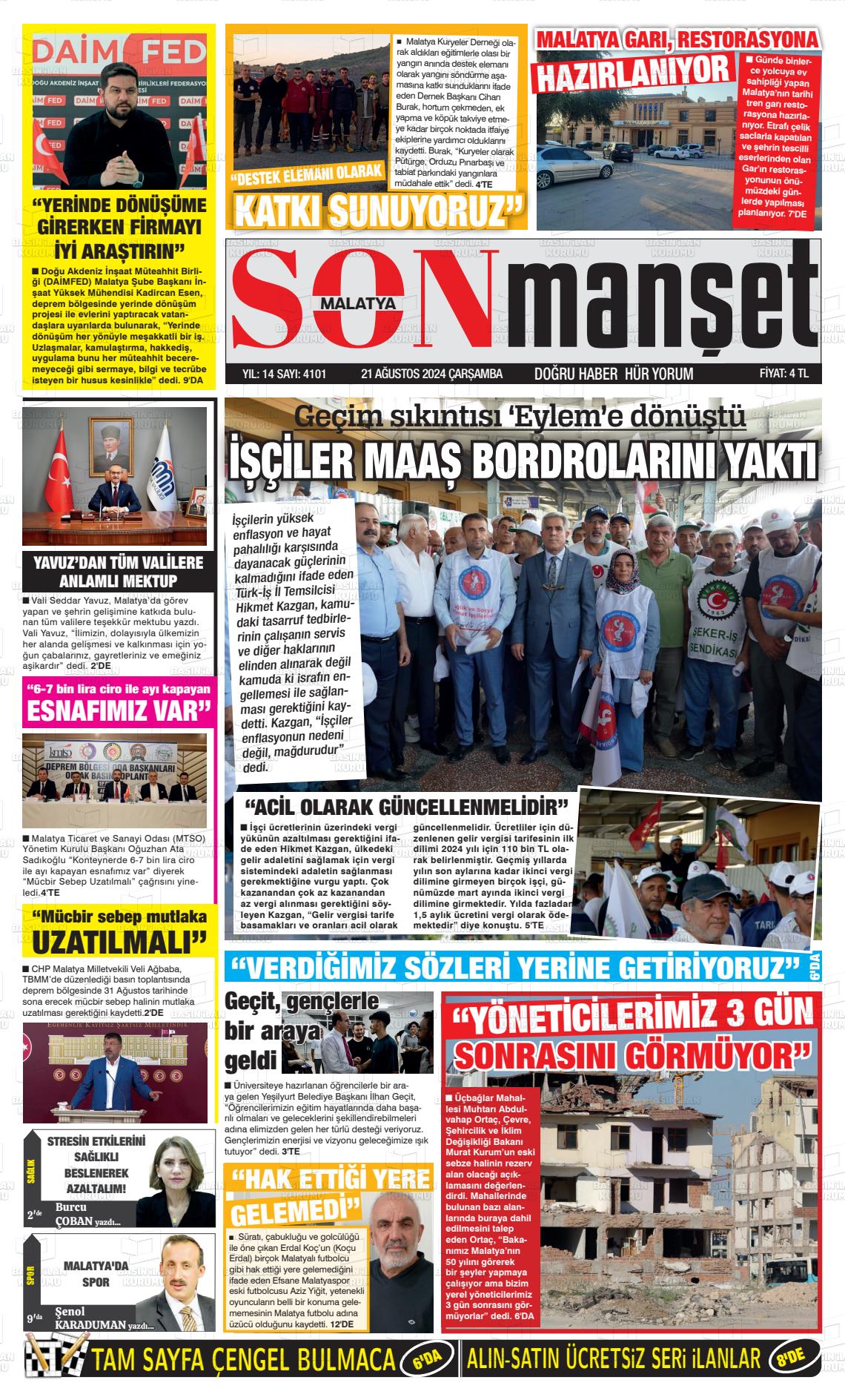 21 Ağustos 2024 BUSABAH Malatya Gazete Manşeti