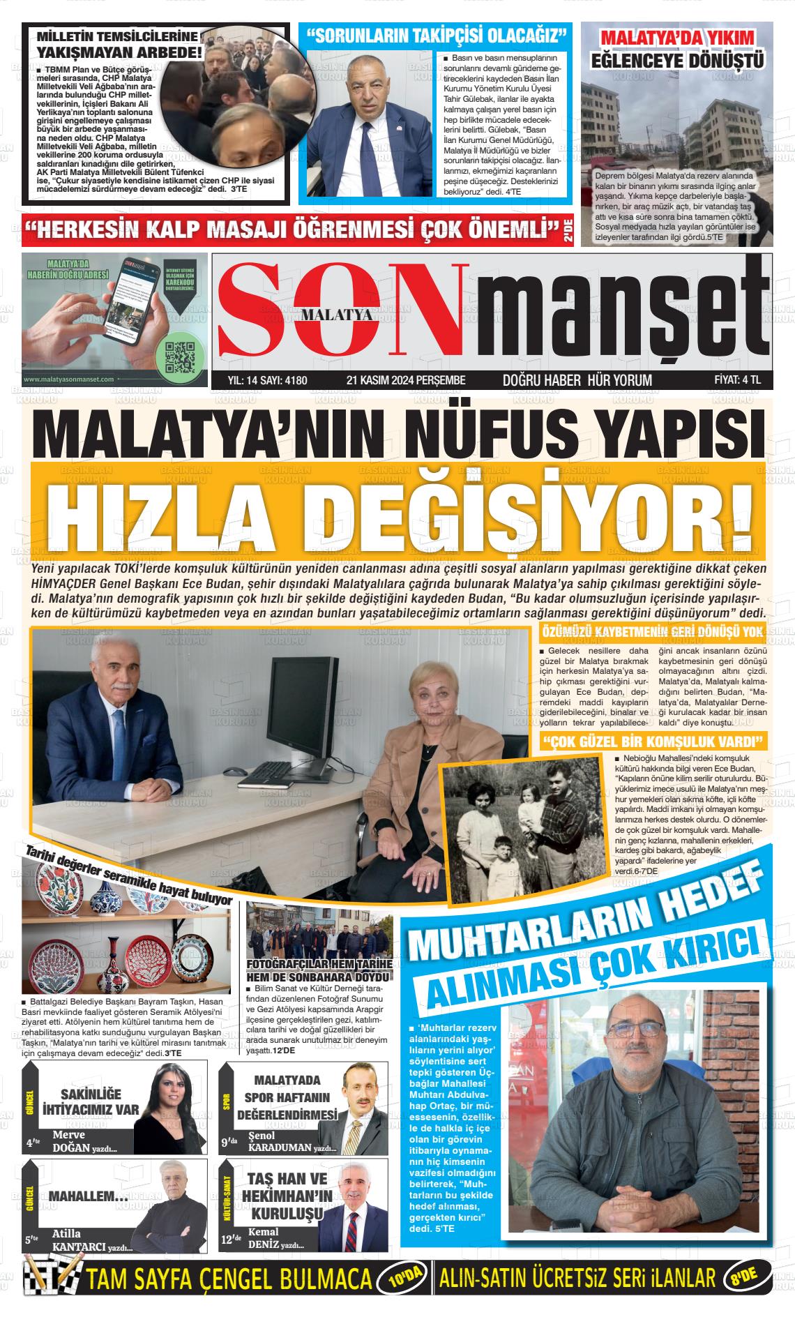 21 Kasım 2024 BUSABAH Malatya Gazete Manşeti