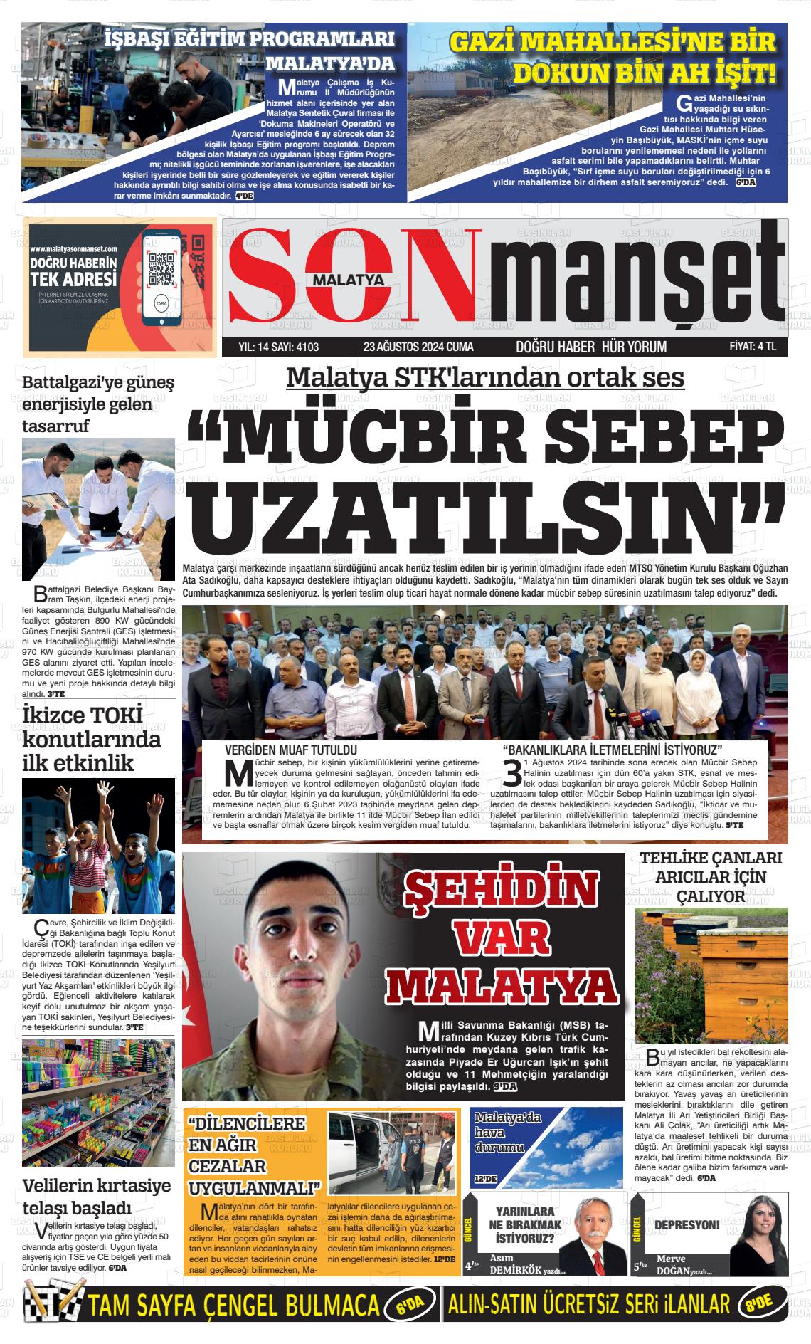 23 Ağustos 2024 BUSABAH Malatya Gazete Manşeti