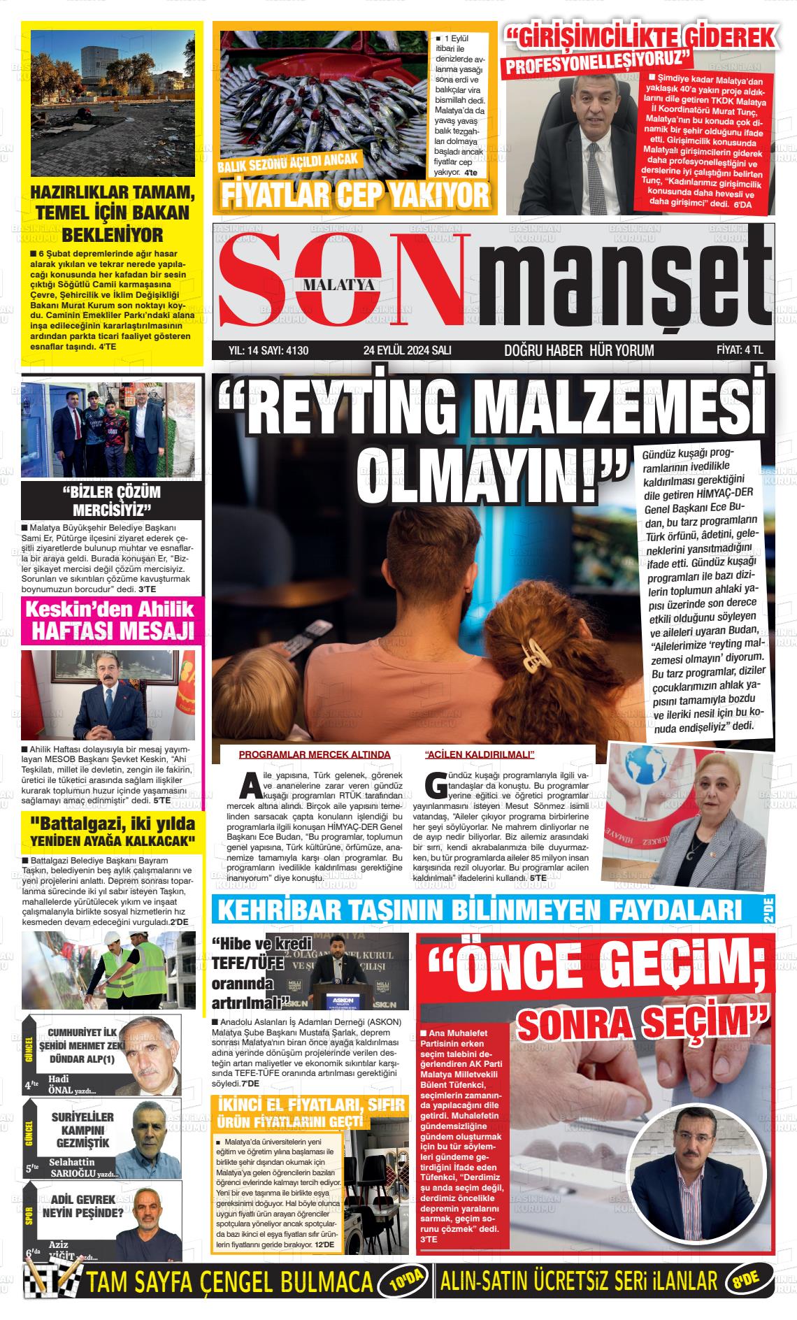 24 Eylül 2024 BUSABAH Malatya Gazete Manşeti