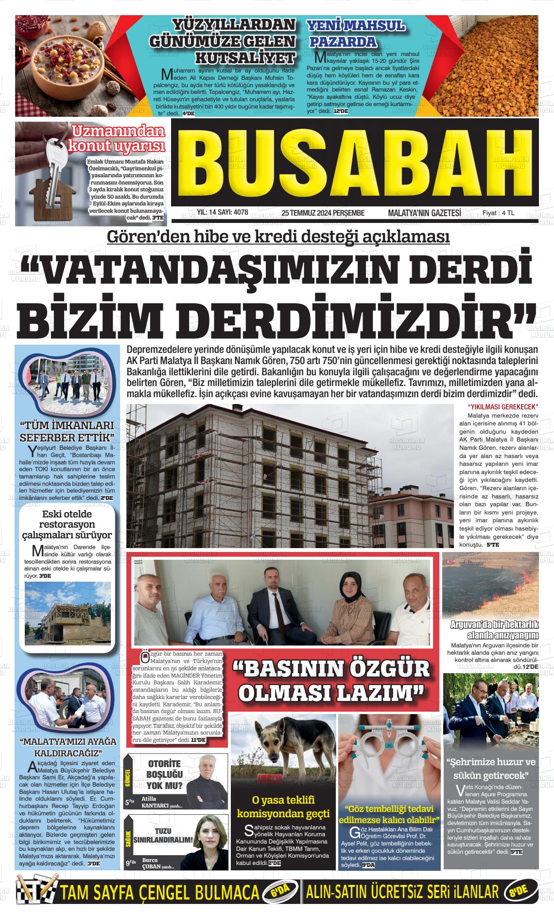 25 Temmuz 2024 BUSABAH Malatya Gazete Manşeti