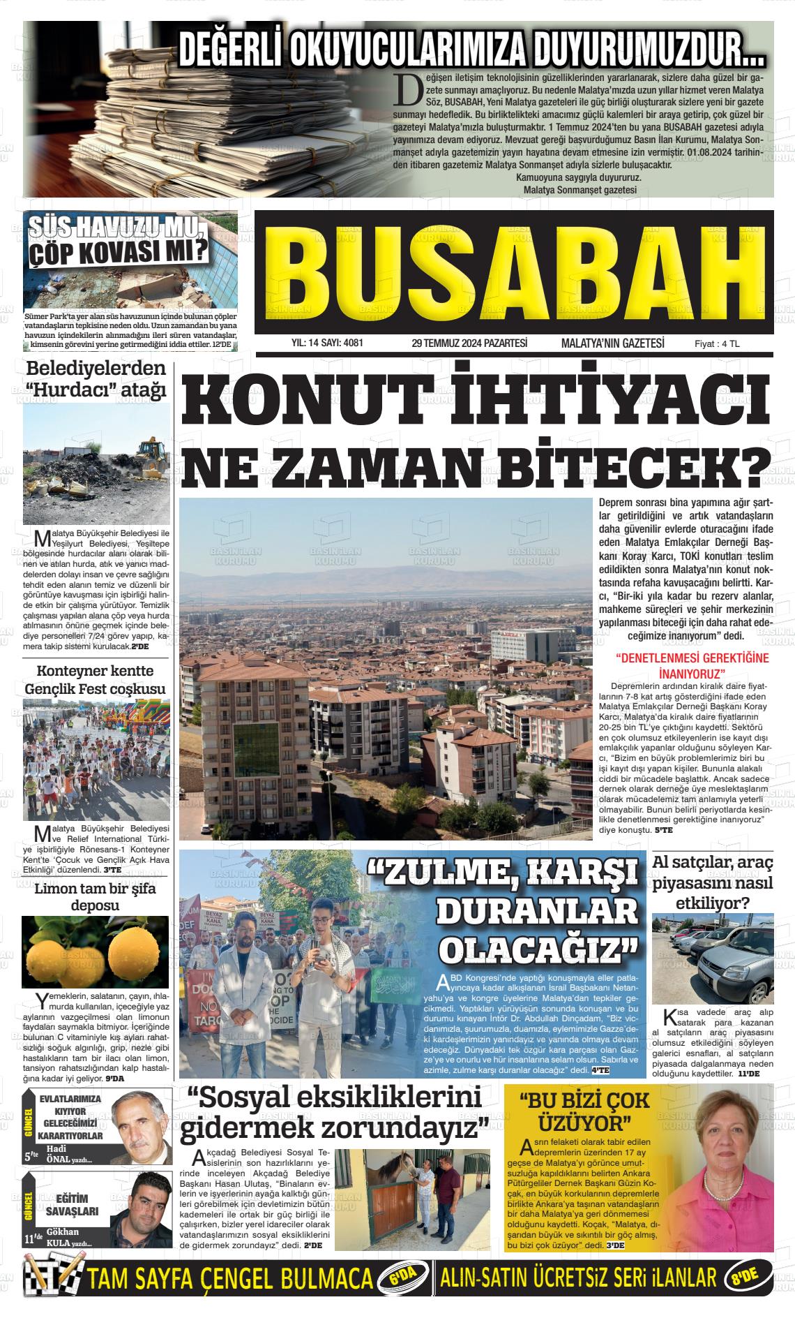 29 Temmuz 2024 BUSABAH Malatya Gazete Manşeti